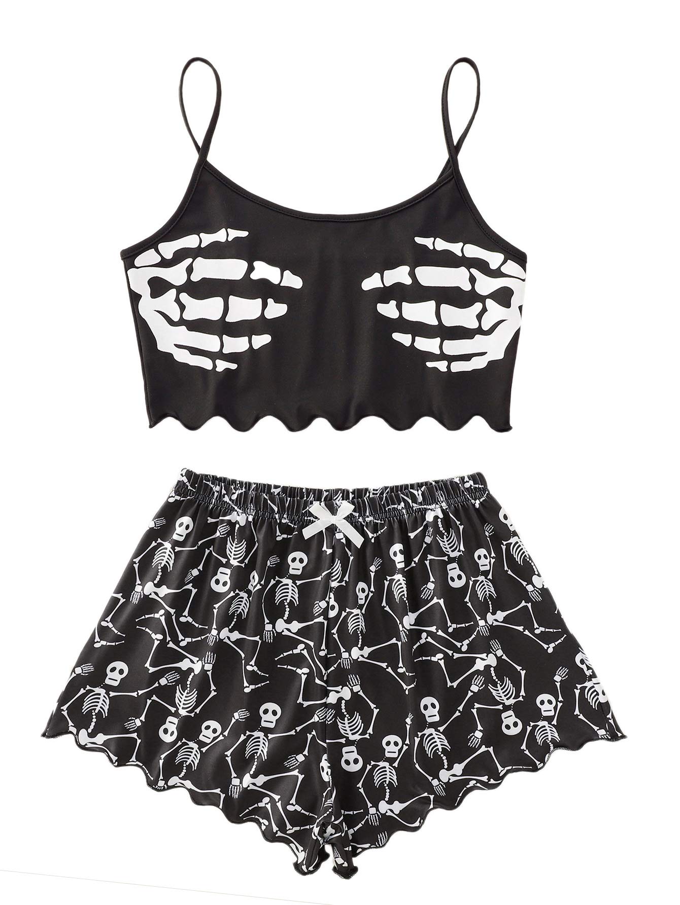 SweatyRocks Women's Summer Strawberry Print Cami Top and Shorts Sleepwear Pajamas Set - Large Skull Black