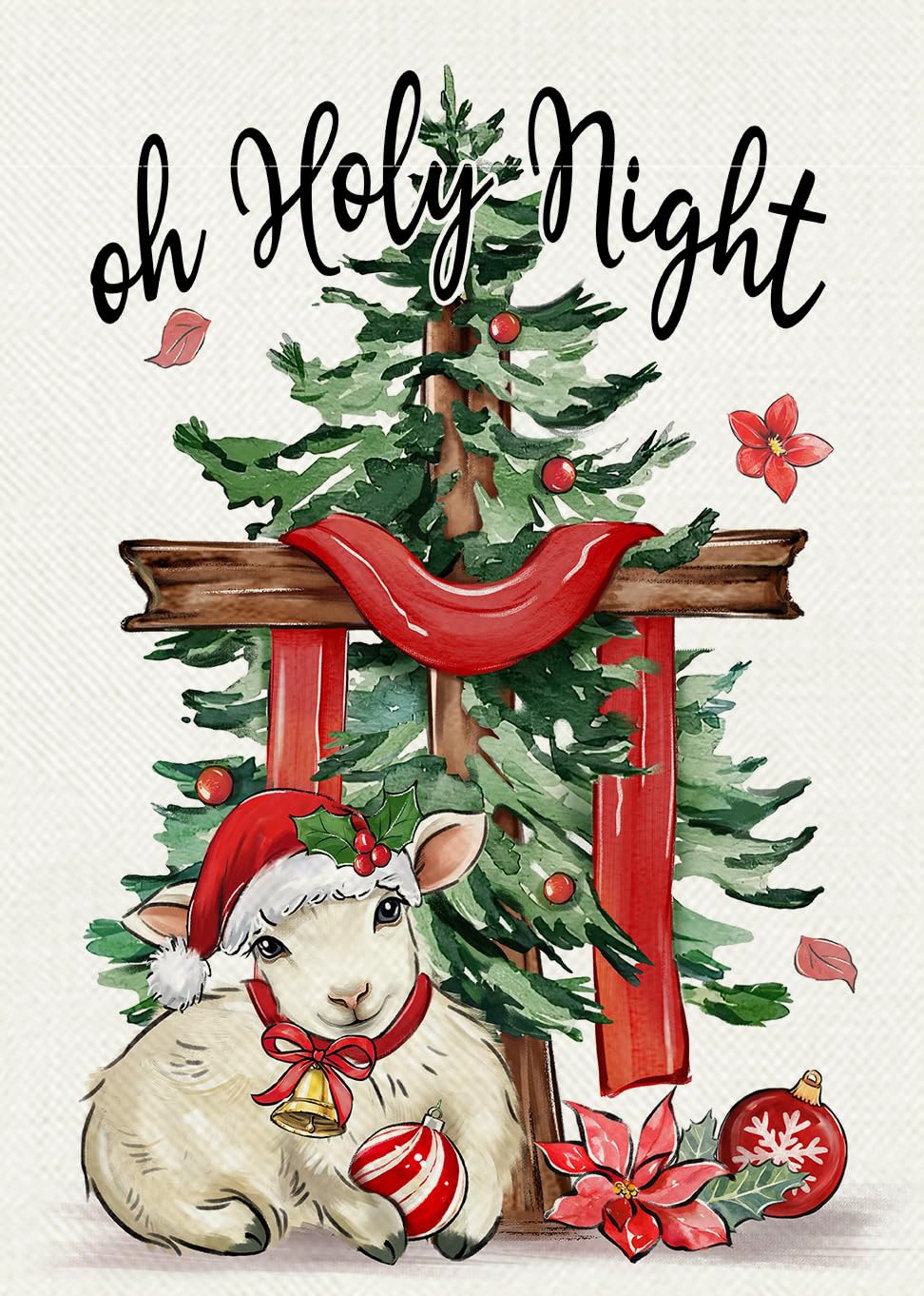 Covido Christian Christmas Oh Holy Night Decorative Garden Flag, Religious Xmas Tree Cross Lamb Yard Outside Decorations, Faith Winter Holiday Burlap Outdoor Small Home Decor Double Sided 12 x 18