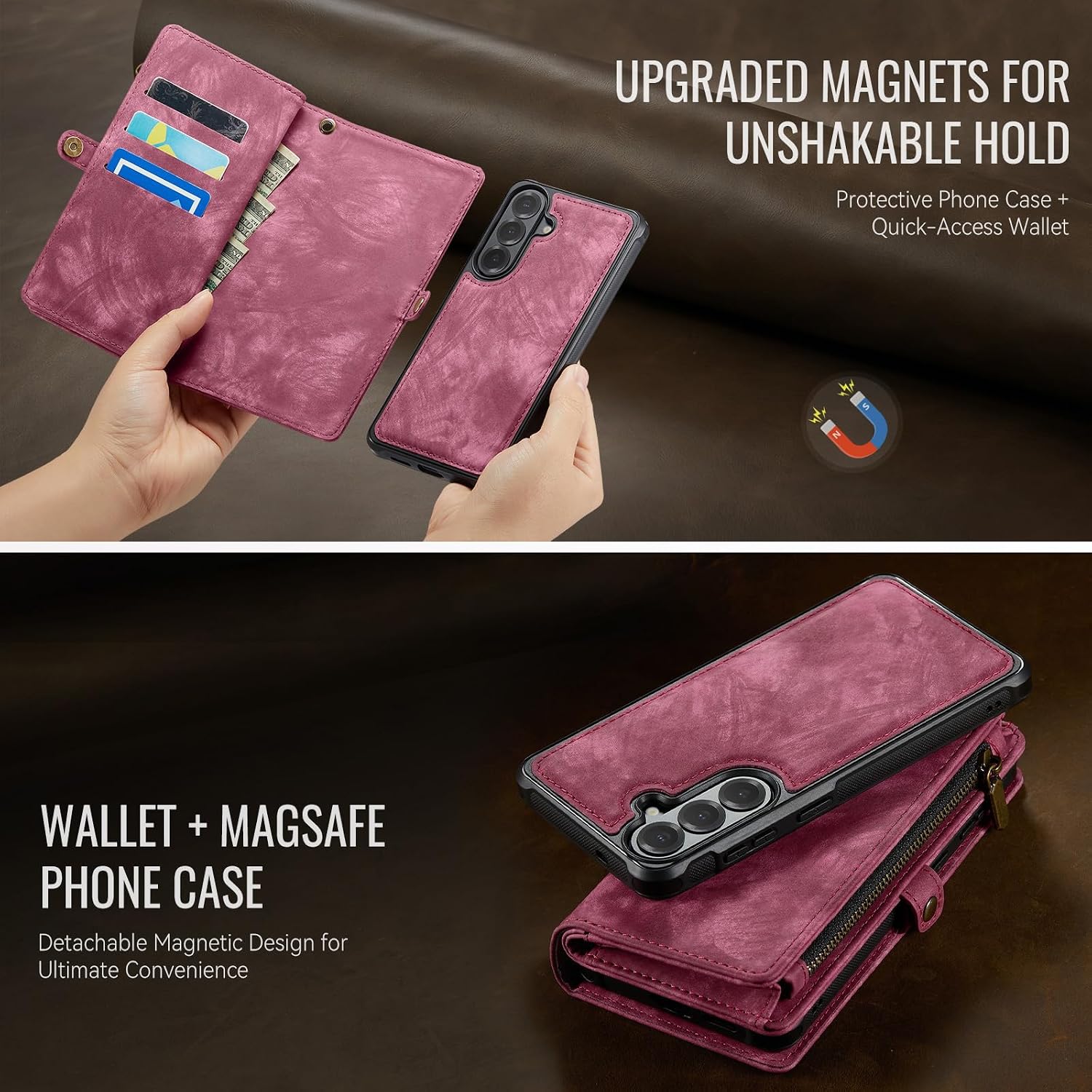 Asuwish Phone Case for Samsung Galaxy S26 5G Zipper Wallet Magnetic Detachable Cover with MagSafe Screen Protector and PU Leather 2-in-1 Flip Cash Card Holder Cell S 26 26S G5 6.3 inch Women Men Red