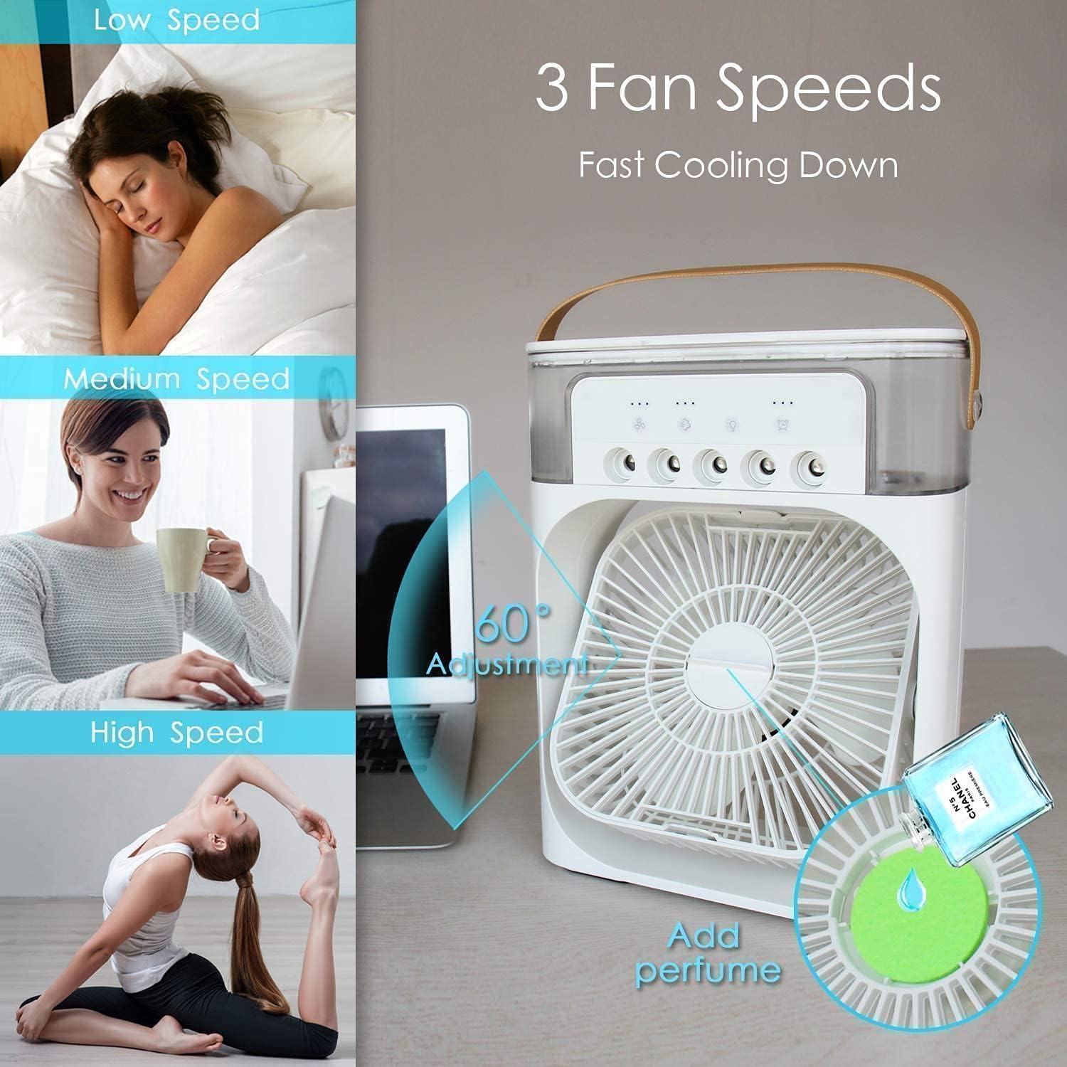 Portable Mini Air Cooler Fan with Water Mist Humidifier, 7-Color LED Light, Adjustable Speeds & Auto Timer, USB Personal Desk Cooling Fan for Home, Office, Bedroom, Travel & Outdoor Use 2