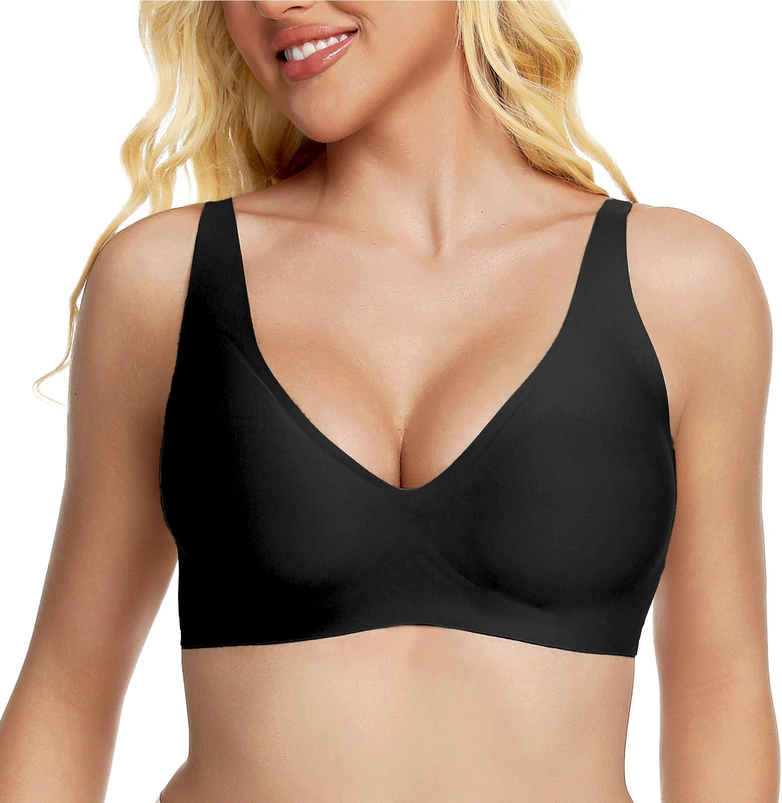 Jelly Wireless Push Up Bra Deep V Seamless Plunge No Underwire Comfortable Everyday Bras with Adjustable Straps