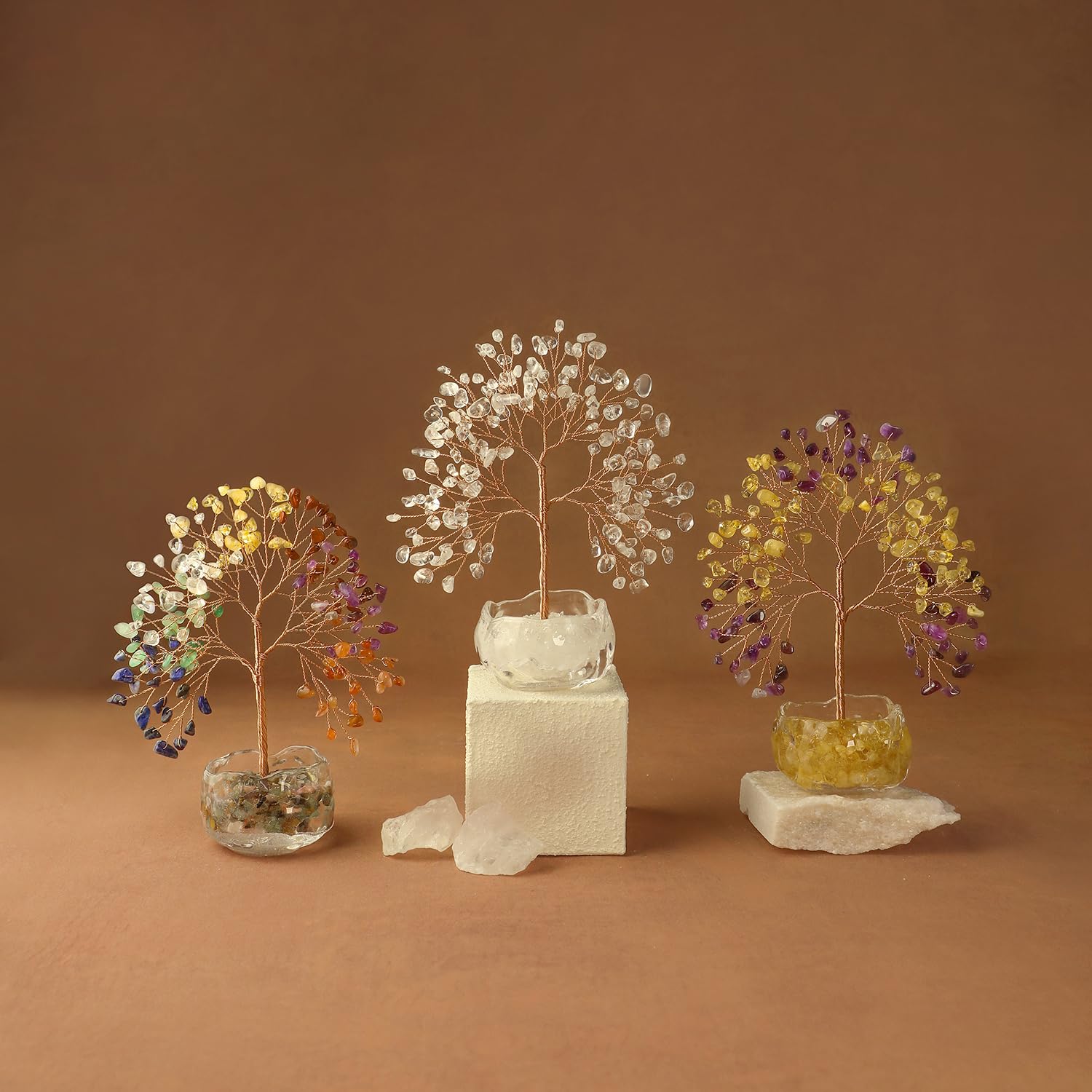 7 cristalli Chakra, albero della vita con base in vetro, pietra preziosa in 147 pietre naturali, circa 16-17 cm, decorazione in cristallo Feng Shui e regalo spirituale, per casa