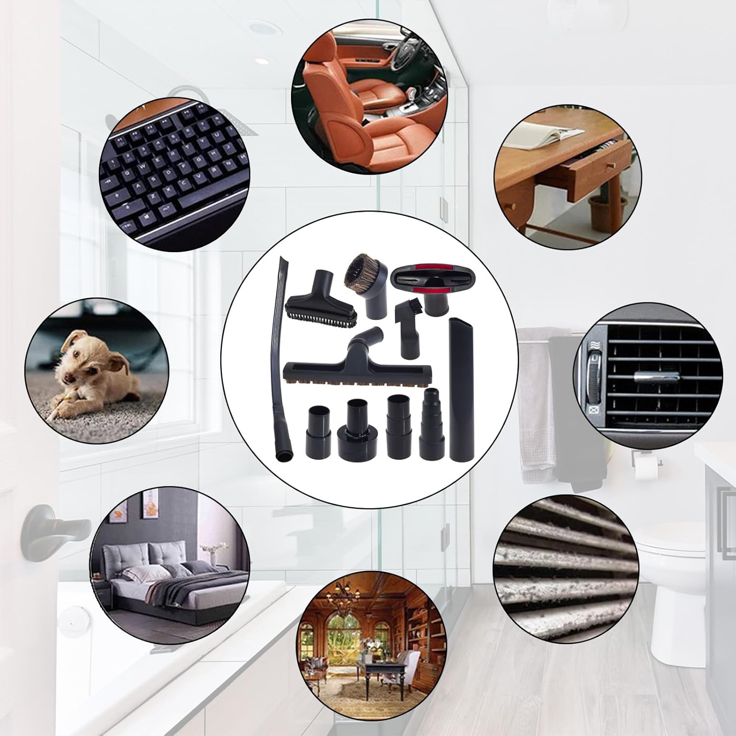 15 PCS Universal Vacuum Attachments Kit for Shop Vac Accessories - Includes Horse Hair Vacuum Brush, Floor Brush, Crevice Tool, and Hose Adapters for 2 1/2" to 1 1/4"