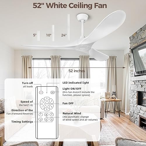 Miniatura 4 de Ventilador de techo con control remoto sin luz, ventilador de techo de perfil bajo de 52 pulgadas para exterioresinteriores, 3 aspas y 6