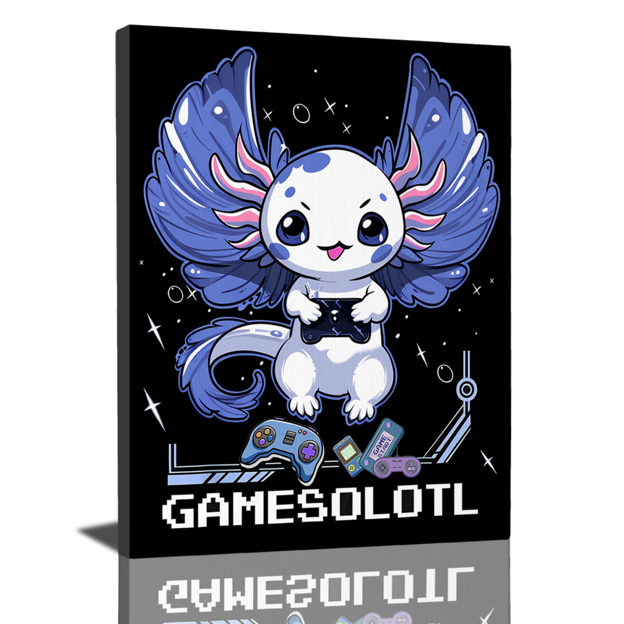 Game Decor Wall Art Gaming Wall Decor Funny Axolotl Poster Axolotl Play Games Pictures for Wall Video Game Canvas Print Painting Framed Artwork for