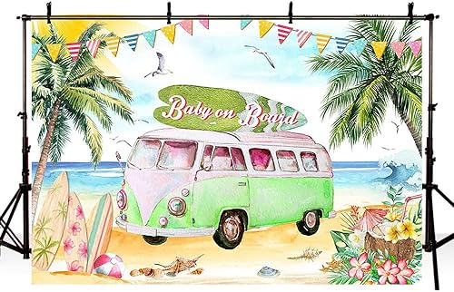Miniatura 4 de Telón de fondo para baby shower de bebé a bordo de 7 x 5 pies para niña, verano, tropical, floral, mar, playa, baby shower, fotografía, fondo, surf,