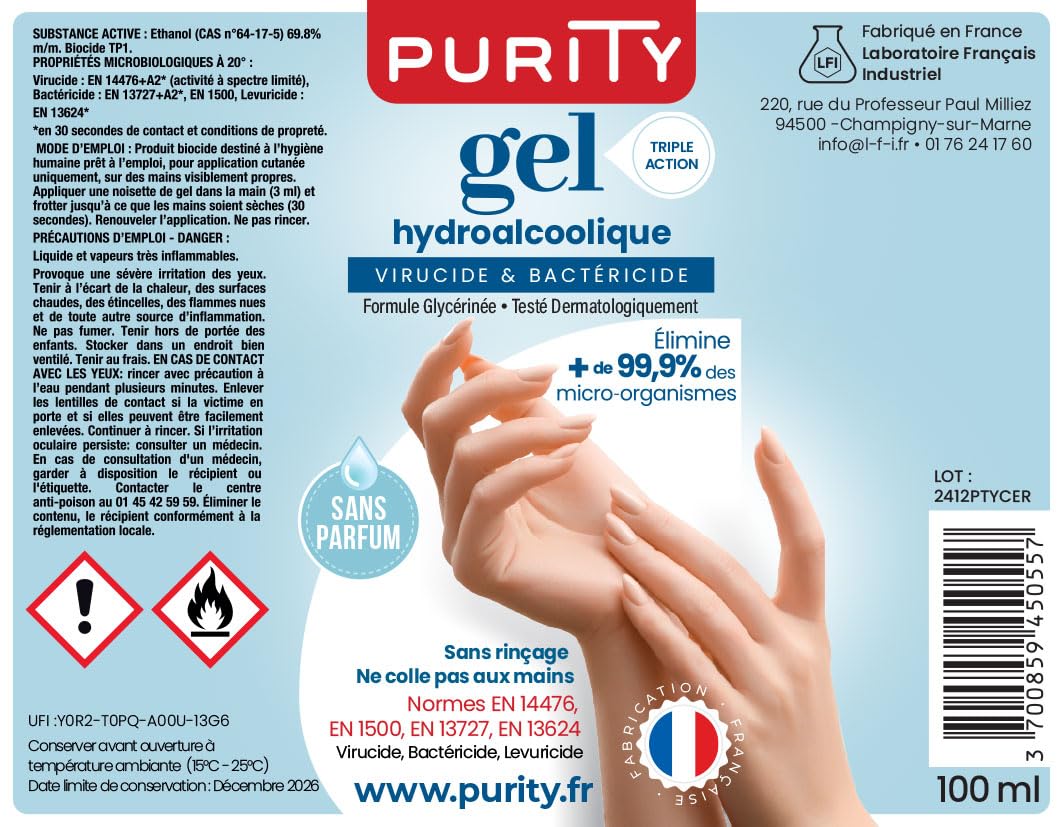 10 Mini-flacons de 100ml - Gel Hydroalcoolique Purity 703 - Sans parfum
