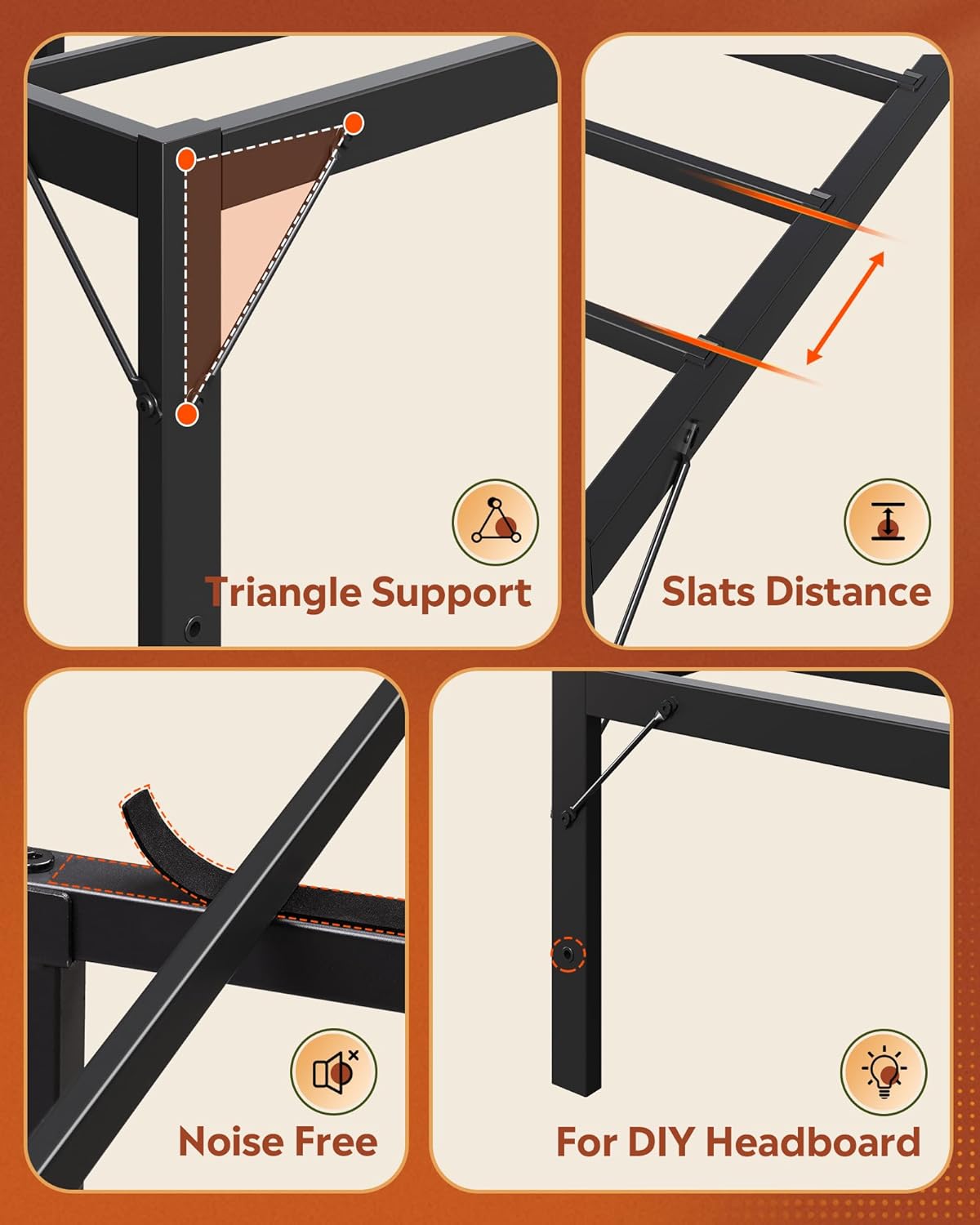 Diagram showing bed frame features like triangle support, slat distance, noise-free felt, and headboard option