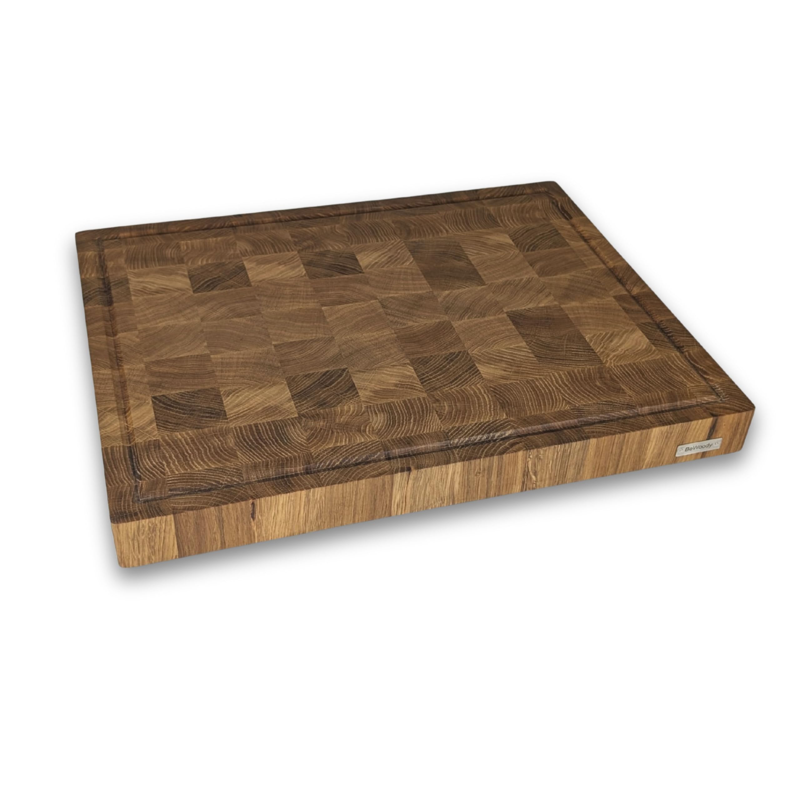 XL Premium Stirnholz Schneidebrett Eiche 50x40x4,5 cm mit Saftrille – Massives Küchenbrett Holz mit Griffmulden & Silikonfüßen – Schneidebrett Eiche massiv
