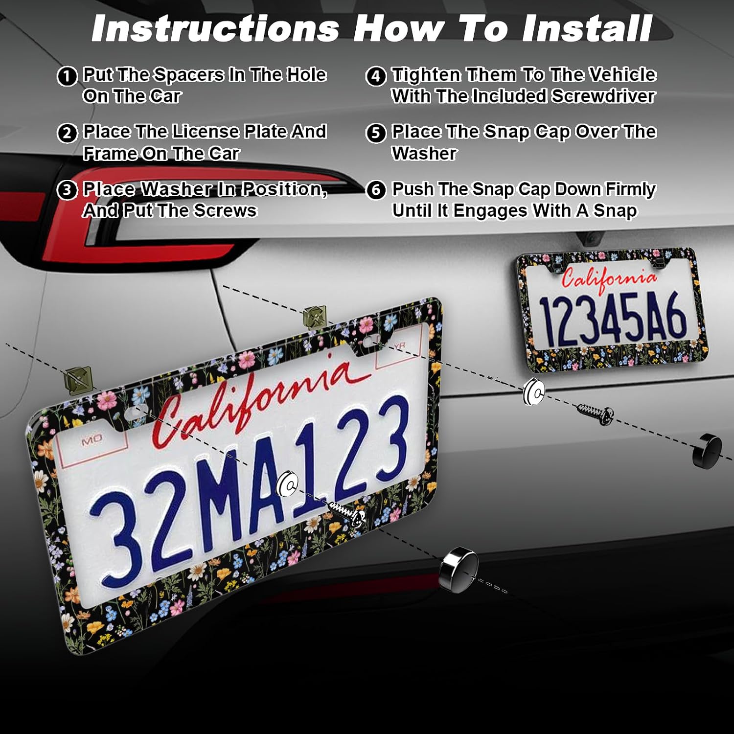 2Pcs Personalized Wildflower Burst Wild Bloom Floral License Plate Frames - Colorful Stainless Steel Car Tag Holders with Screws, Universal Fit for US & Canada 12"x6" Plates, Vibrant Floral Decor image 4