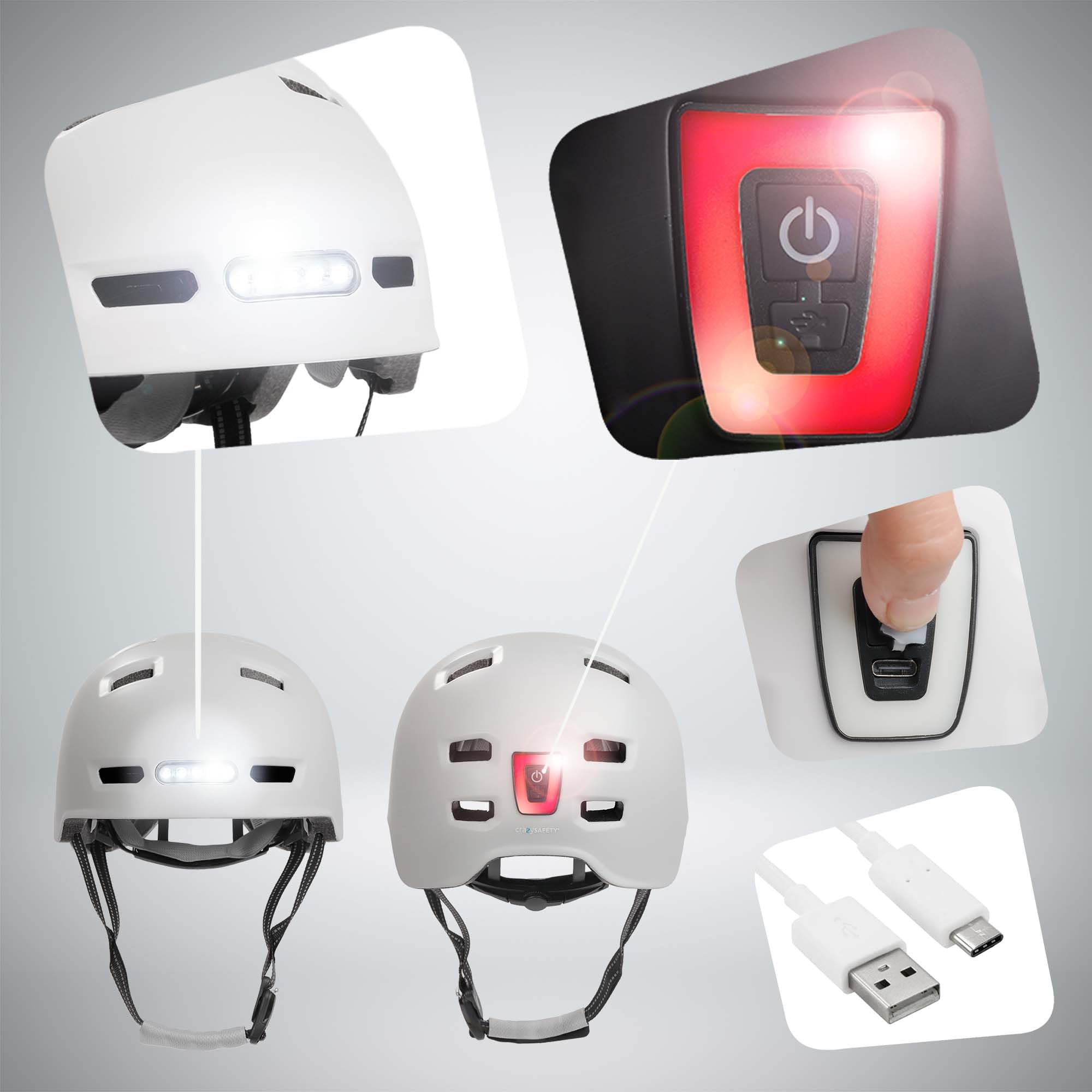 Crazy Safety Vertigo Casque De Vélo Blanc Mat Lumière Avant Et Arrière USB | Casque pour Trottinette, Skateboard, Rollers et Vélo BMX, Casque de Vélo de Ville pour Hommes et Femmes | M 54-57cm