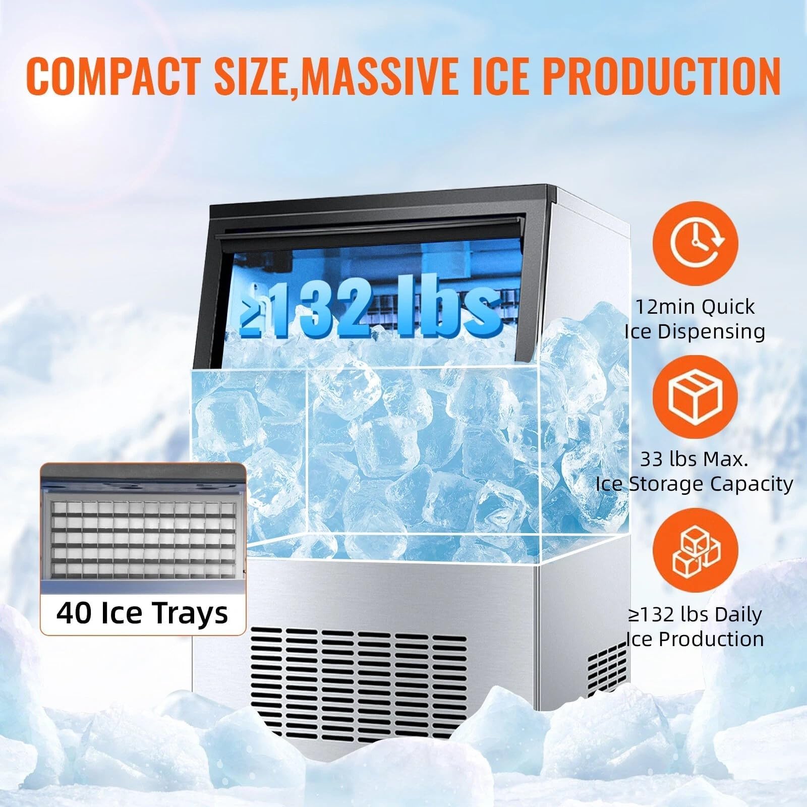 Macchina per il ghiaccio commerciale, 60 kg/24 h, grande contenitore da 15 kg, 40 cubetti di ghiaccio a sfera, macchina per ghiaccio da tavolo in acciaio inox autopulente, con compressore da 201 W