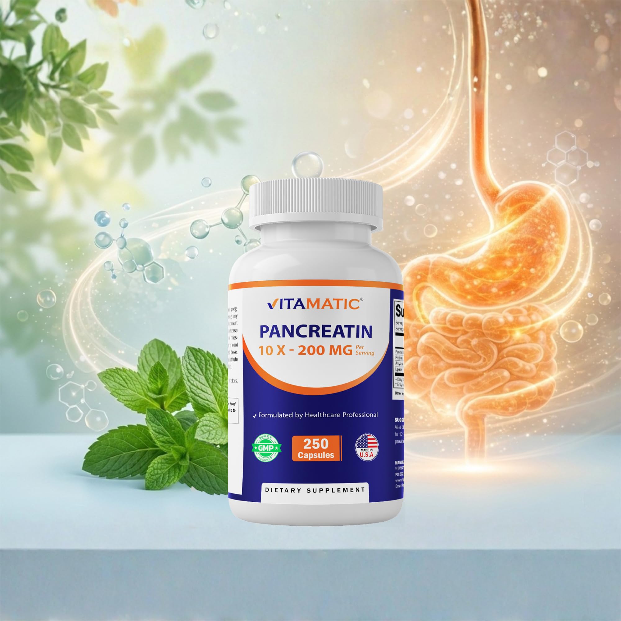 Vitamatic Pancreatin 10X Digestive Enzymes – 250 Capsules – Made with Protease 50,000 USP, Amylase 50,000 USP & Lipase 4,000 USP – Supports Protein, Carb & Fat Digestion – Non-GMO – Made in USA — Amazon image 4