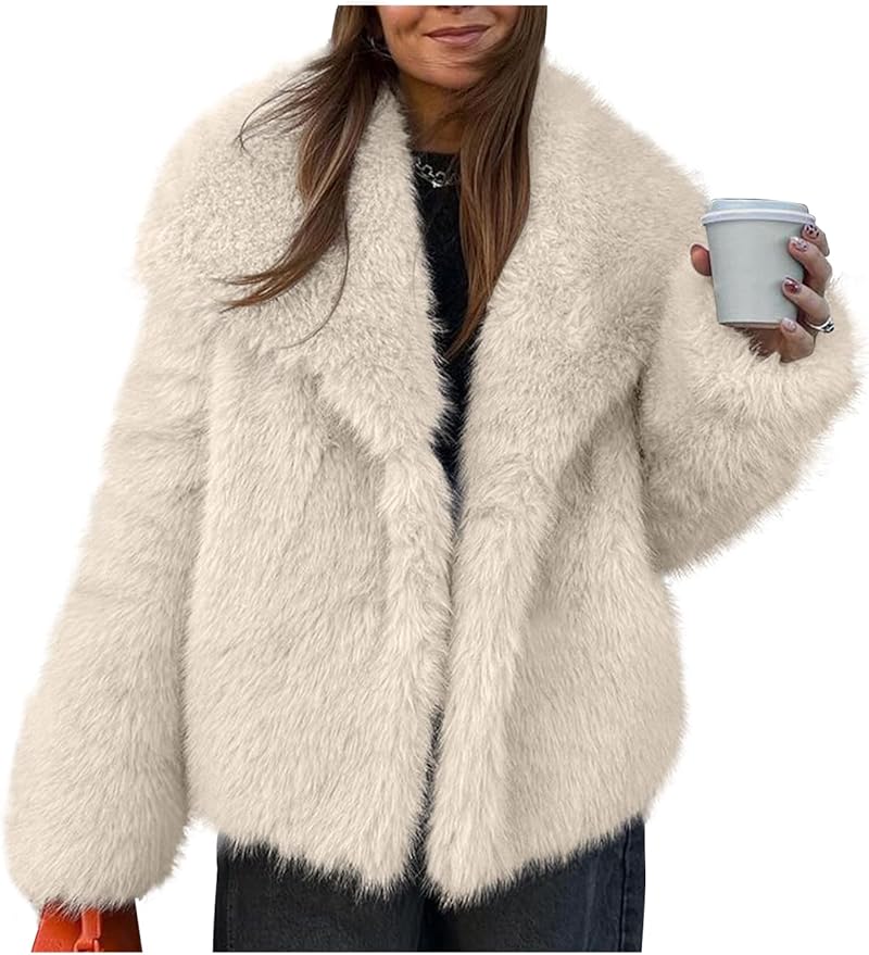 Fall Fashion Favorites Kissonic Women Faux Fur Coat Long Sleeve Lapel Open Front Shaggy Furry Jacket Warm Fluffy Short Outwear