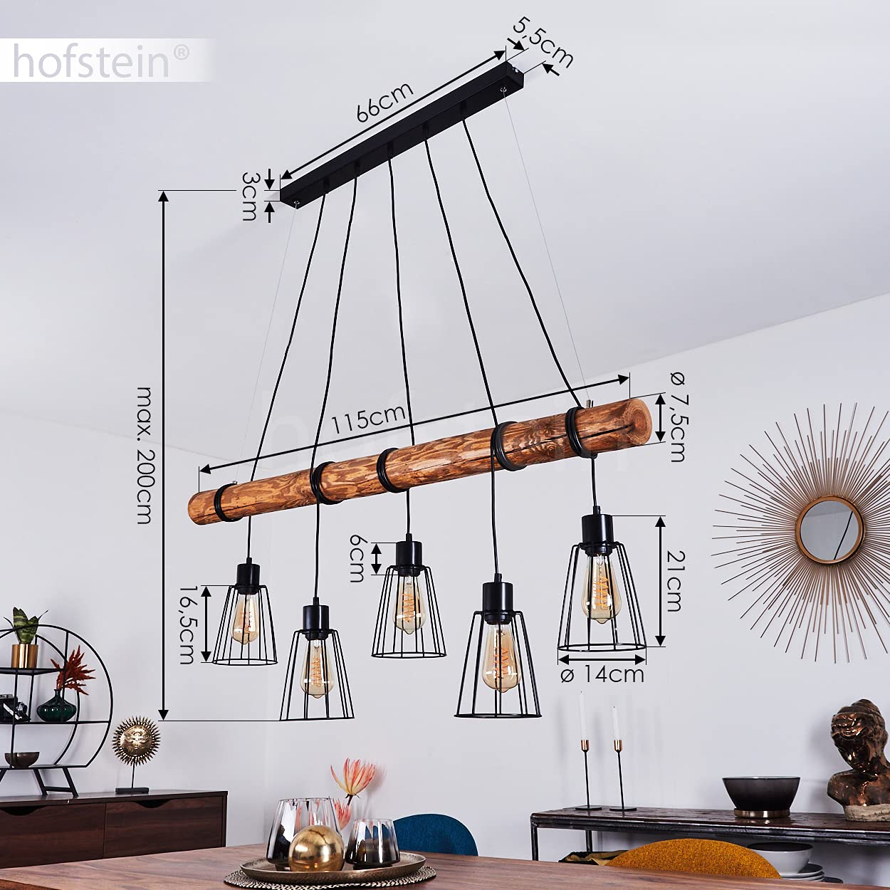 Lampa wisząca Canedo, 5-lampowa lampa wisząca z metalu/drewna w kolorze czarnym/brązowym w stylu skandynawskim, lampa wisząca z drewnianym prętem i kloszami w kształcie kraty, 5 x E27, bez żarówek