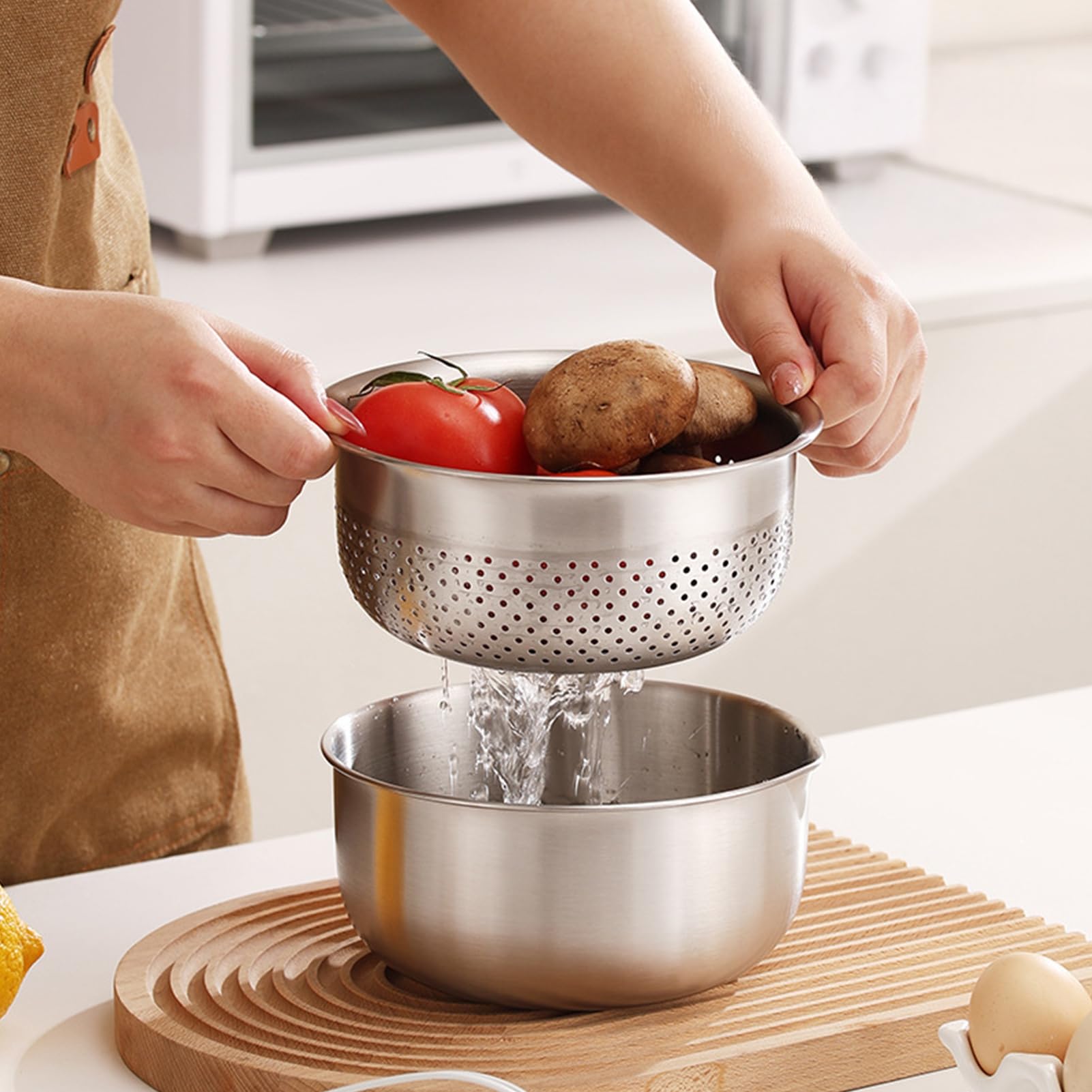 Colador microporoso de acero inoxidable, apto para lavavajillas, cuenco para mezclar ensaladas, lavadora de arroz, verduras, frutas, arroz, lavado de alimentos