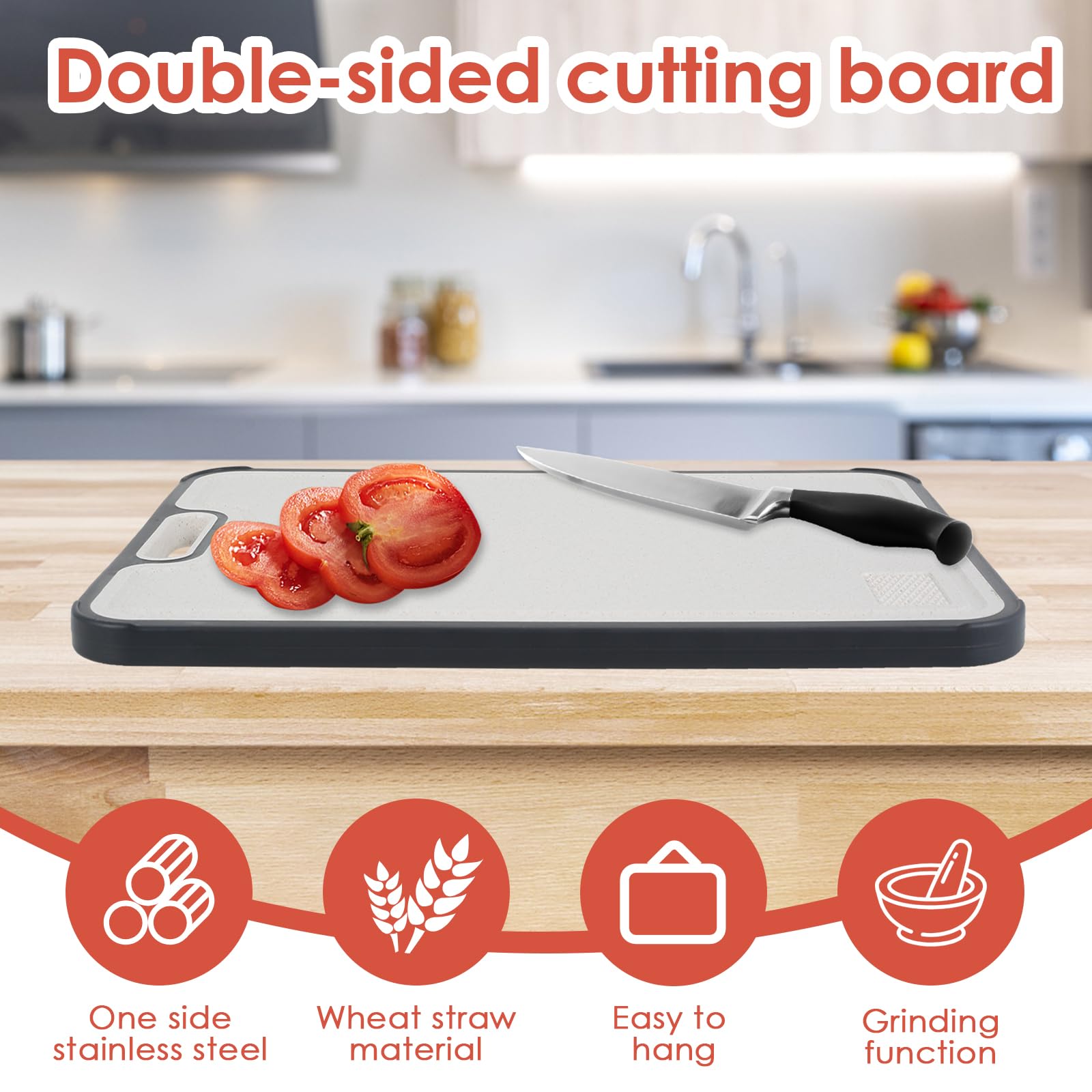 Tabla de cortar de doble cara, resistente de acero inoxidable y polipropileno, tabla de cortar con área de molienda, tabla de cortar carne, apta para lavavajillas para cortar carne cruda y cocida