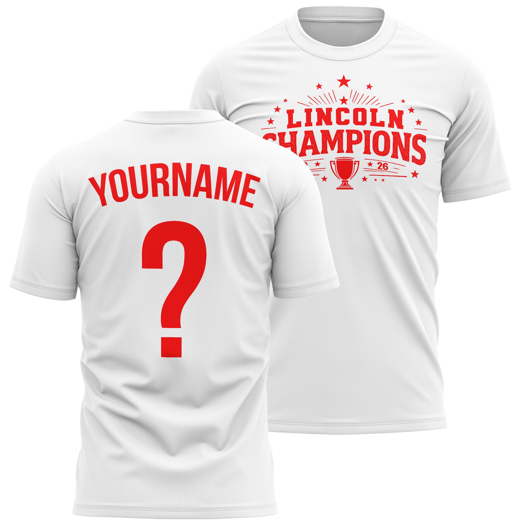 Custom Lincoln Champions Name and Number - Lincoln Personalised Supporter Tshirt Football Fan Tee Mens, 3XL, White