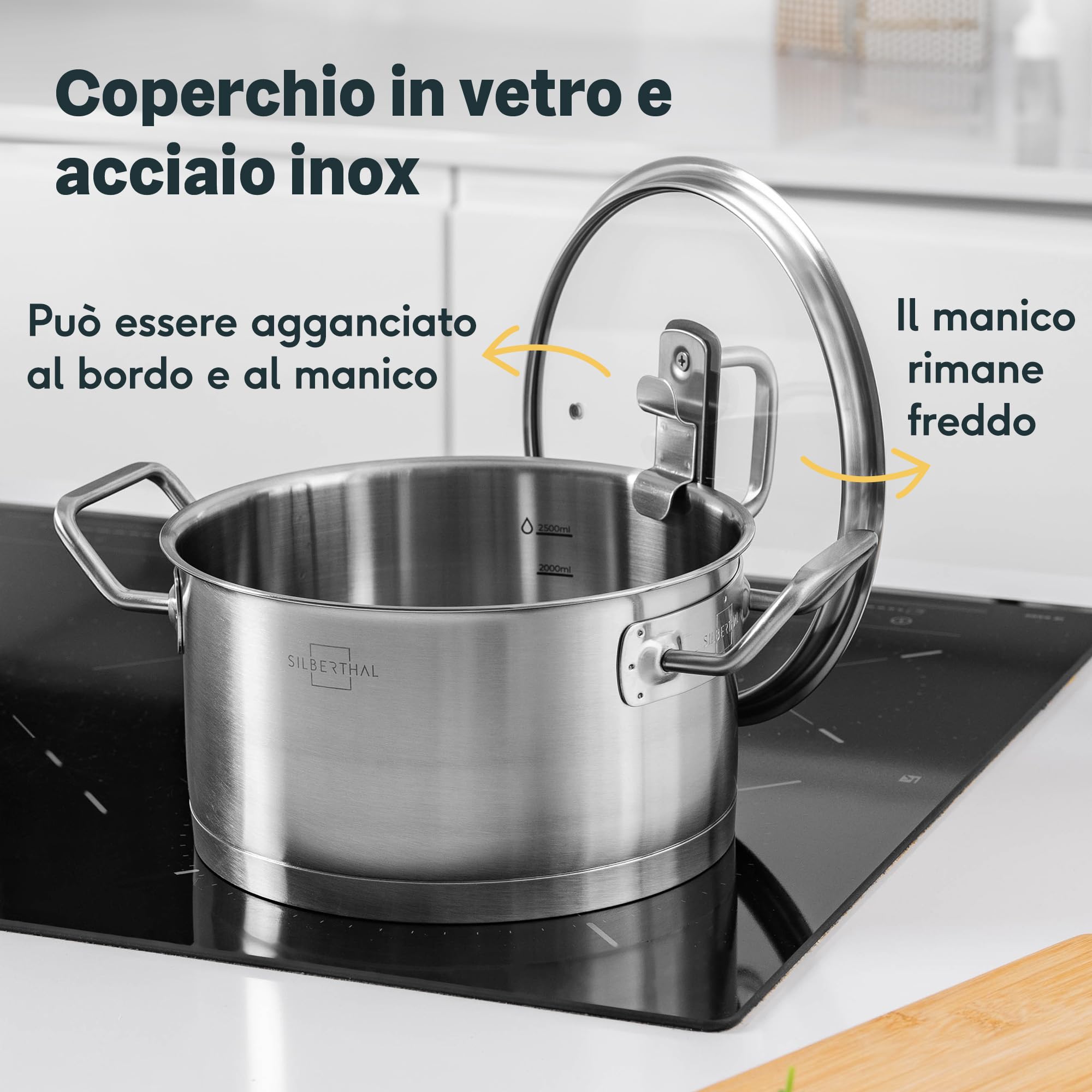 SILBERTHAL Set Pentole 16/20/24 e Padelle 24/28 cm Inox - No Rivest. | Casseruole 16, 20, 24 cm e padelle 24, 28 cm - Acciaio inox senza rivestimento - Per tutti i piani cottura - Grande capacità