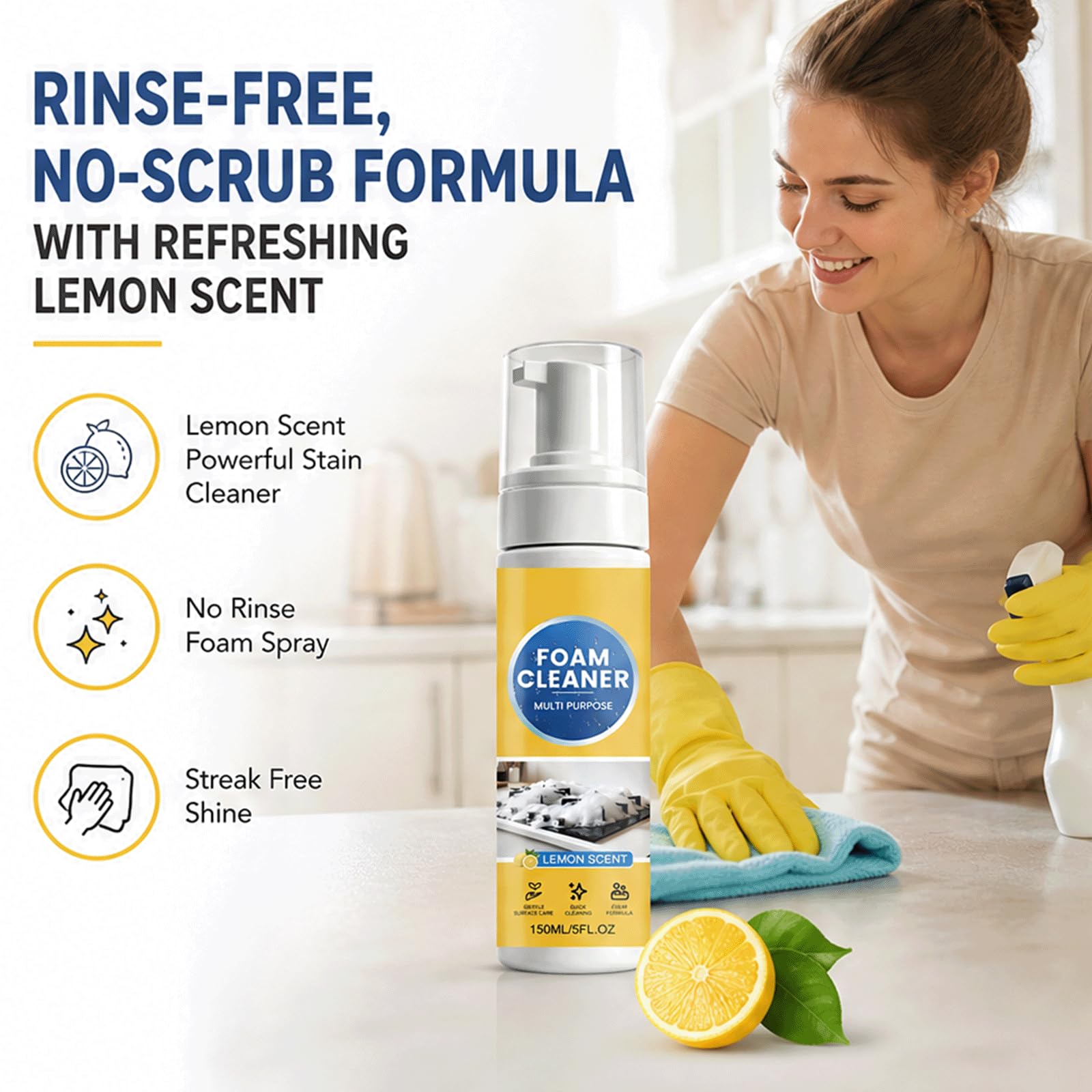 Aroma de limón Spray de espuma limpiadora multiusos sin enjuague para trabajo pesado - Potente desengrasante de cocina, limpiadores domésticos para todo uso, (5 piezas)