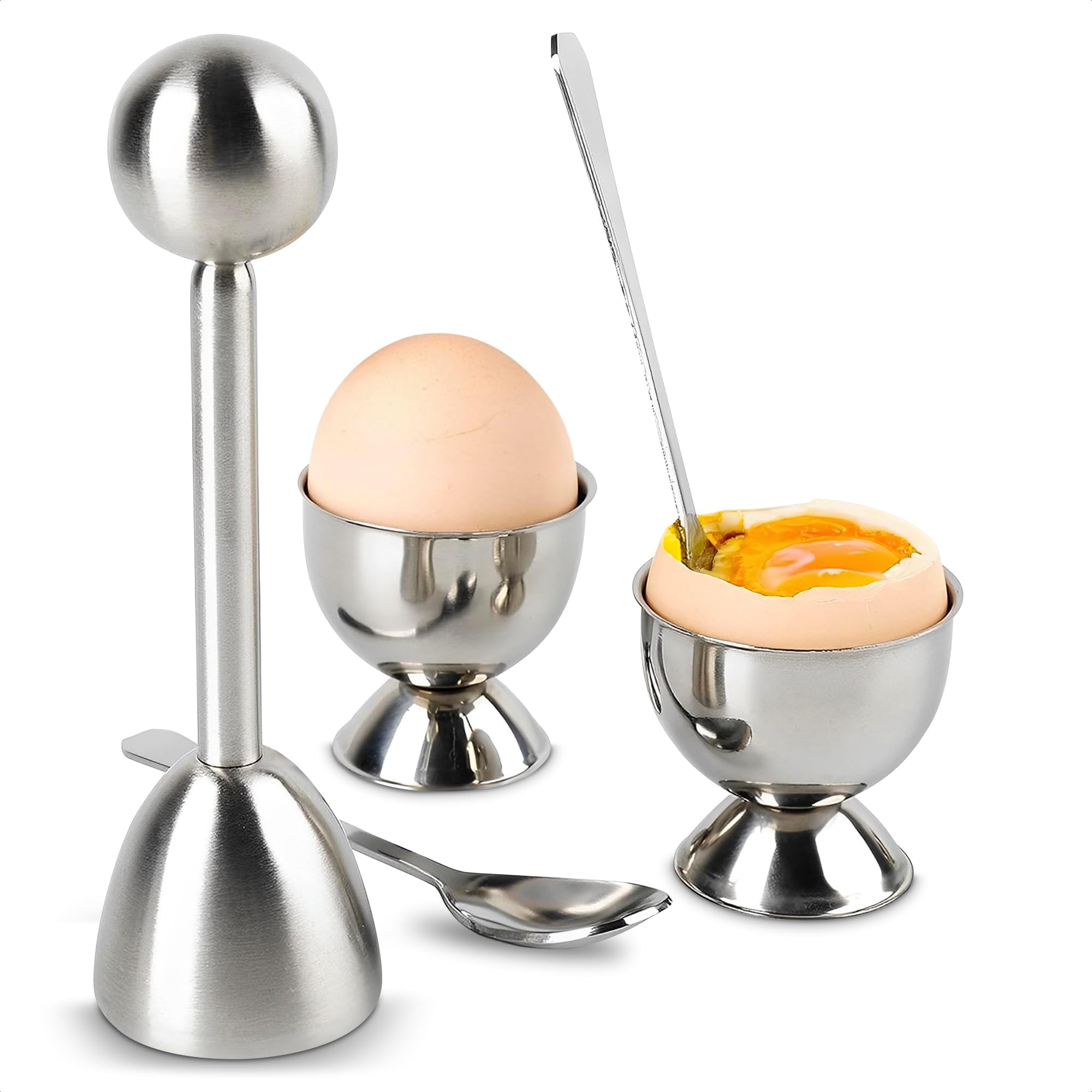 Egg Cracker Topper Set – 2 Pcs Egg Cups for Soft Boiled Eggs & 2 Pcs Spoons, Rust-Resistant Stainless Steel, Fits Most Sizes – Ergonomic Design with Adjustable Effort for Precise Cracking Results