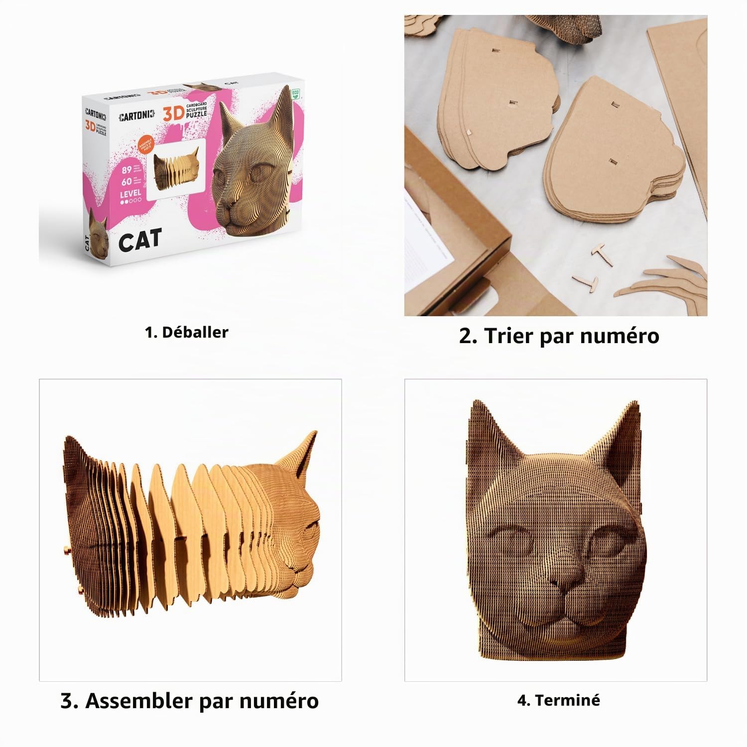 Chat Puzzle 3D en Carton – Maquette à Monter | 89 Pièces, 18 × 15 × 13 cm – Kit Sculpture DIY à Peindre, Matériaux Recyclés, Ados & Adultes, Idée Cadeau Déco