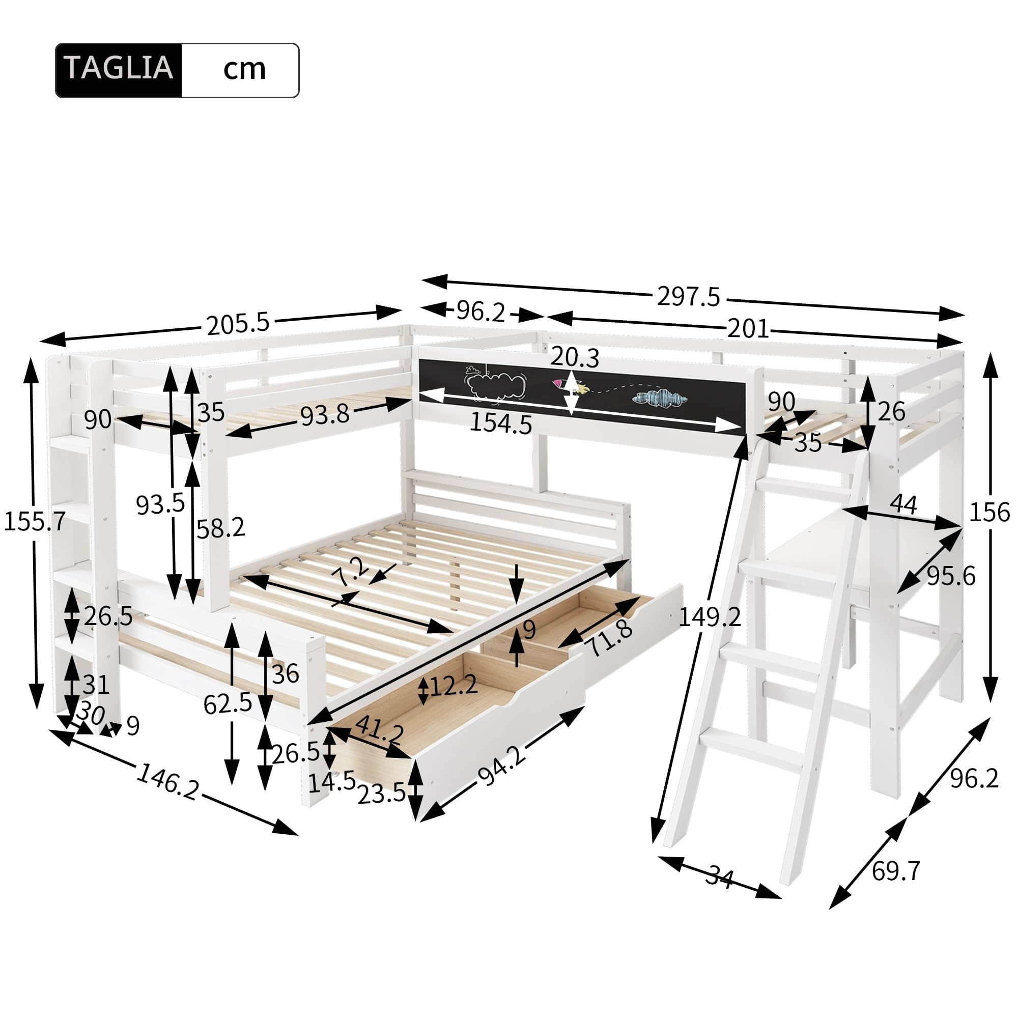 Letto a soppalco a 3 posti letto, scrivania, scaffale, letto a castello per 3 bambini con cassetti e scale, in legno di pino, 140 x 200 cm + 90 x 200 cm, colori: bianco e rovere