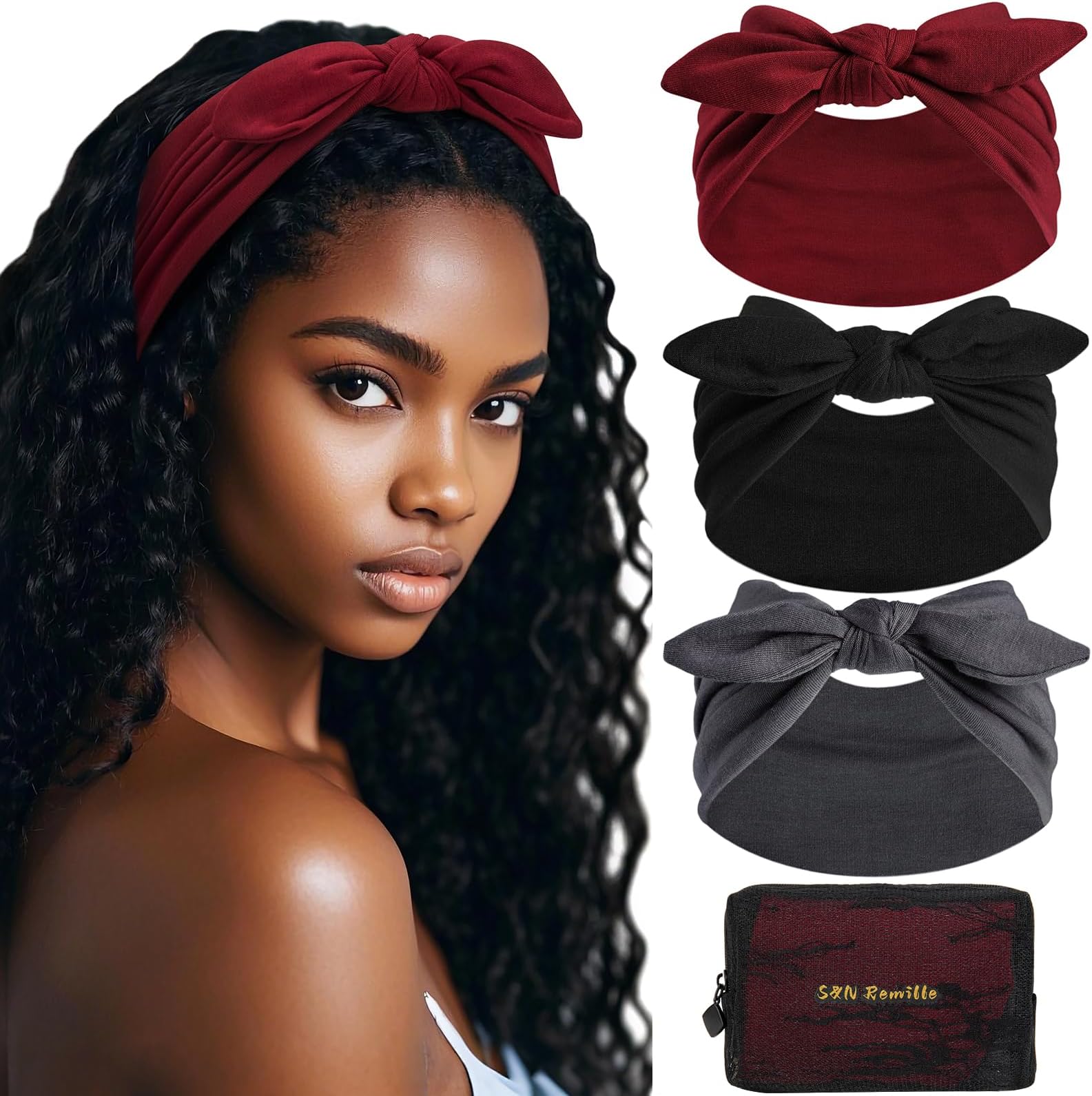 S&N Remille Wide Headbands for Women, Large Hairband, Elastic Non-Slip Headband Twist Knotted Accessories, Yoga Workout Vintage Hair 3 Pack (Multi-colored-4)