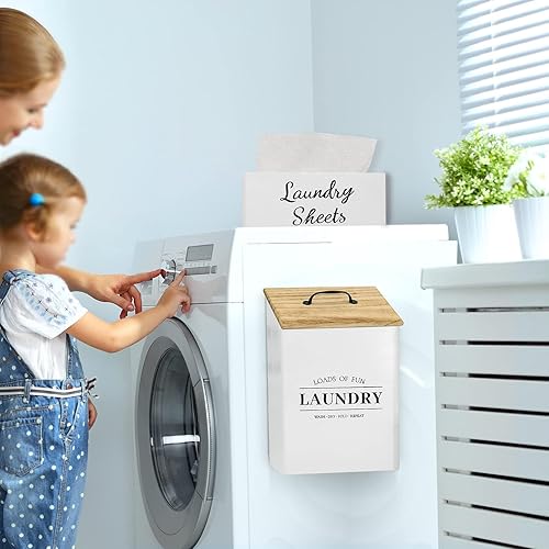 Miniatura 4 de Juego de contenedor magnético para pelusa y hojas para secadora para lavandería, papelera de madera de granja con tapa y secadora Caja dispensadora