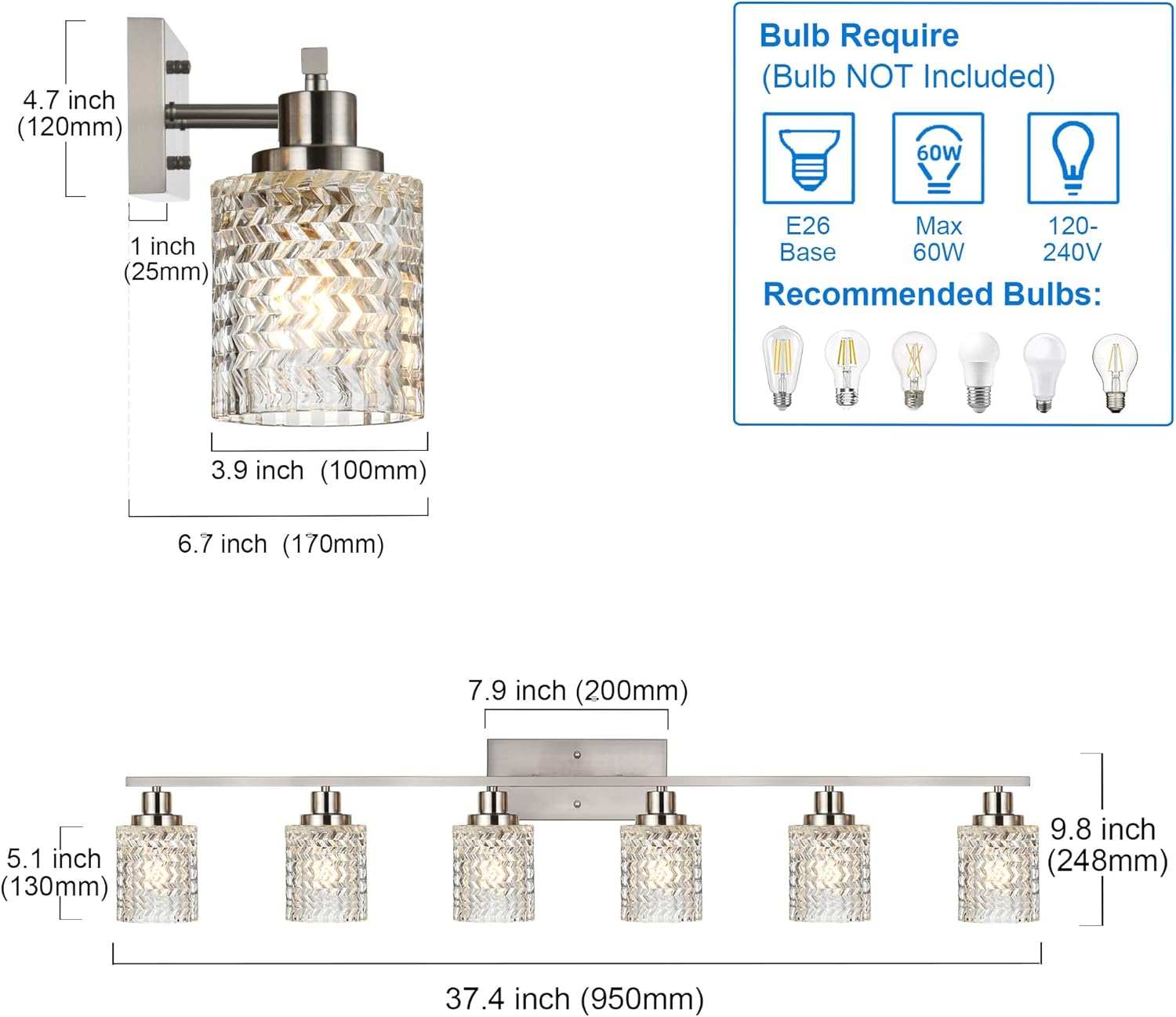 MELUCEE 6 Lights Bathroom Lighting Fixtures Over Mirror Brushed Nickel with Hammered Glass Shade, Vanity Light Indoor Wall Mounted Lamp for Bathroom Bedroom Kitchen