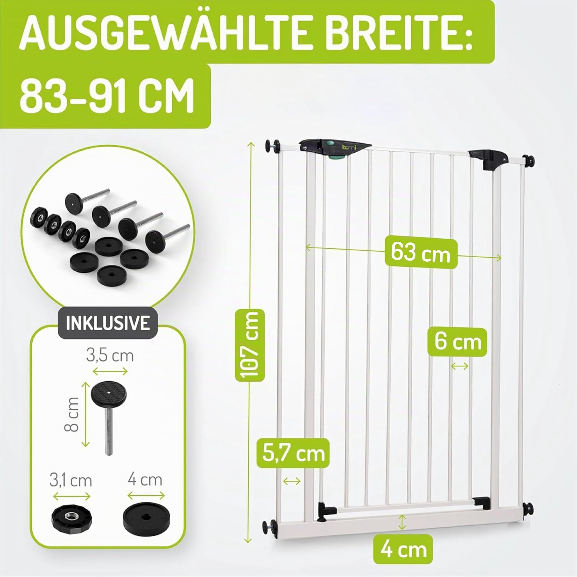 BOMI Kindertreppen Gitter Mira | Extra Hoch | Ohne Bohren | Schließt automatisch | Baby Gitter weiss Katzengitter | Kindertreppenschutzgitter Tür und Treppenschutzgitter zum Klemmen | Breite: 83-91 cm