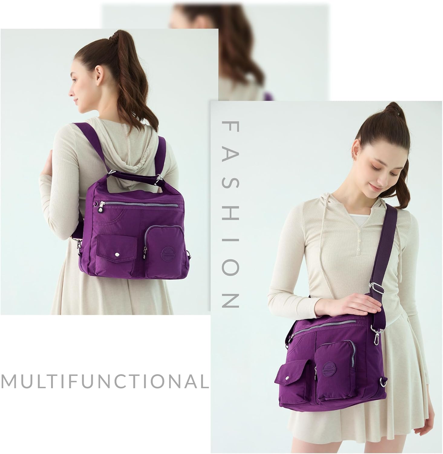 Multipurpose Hobo Purse for Women with Antitheft RFID, Waterproof Nylon Crossbody Bag Shoulder Handbag, Convertible Backpack