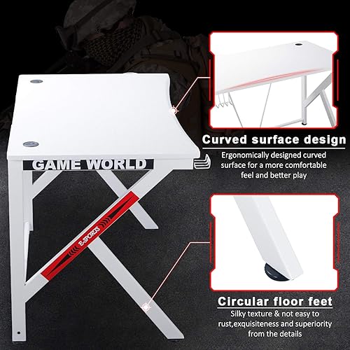 Miniatura 5 de Escritorio para juegos de 42 pulgadas, escritorio blanco para computadora en casa con soporte para tazas y gancho para auriculares, estación de