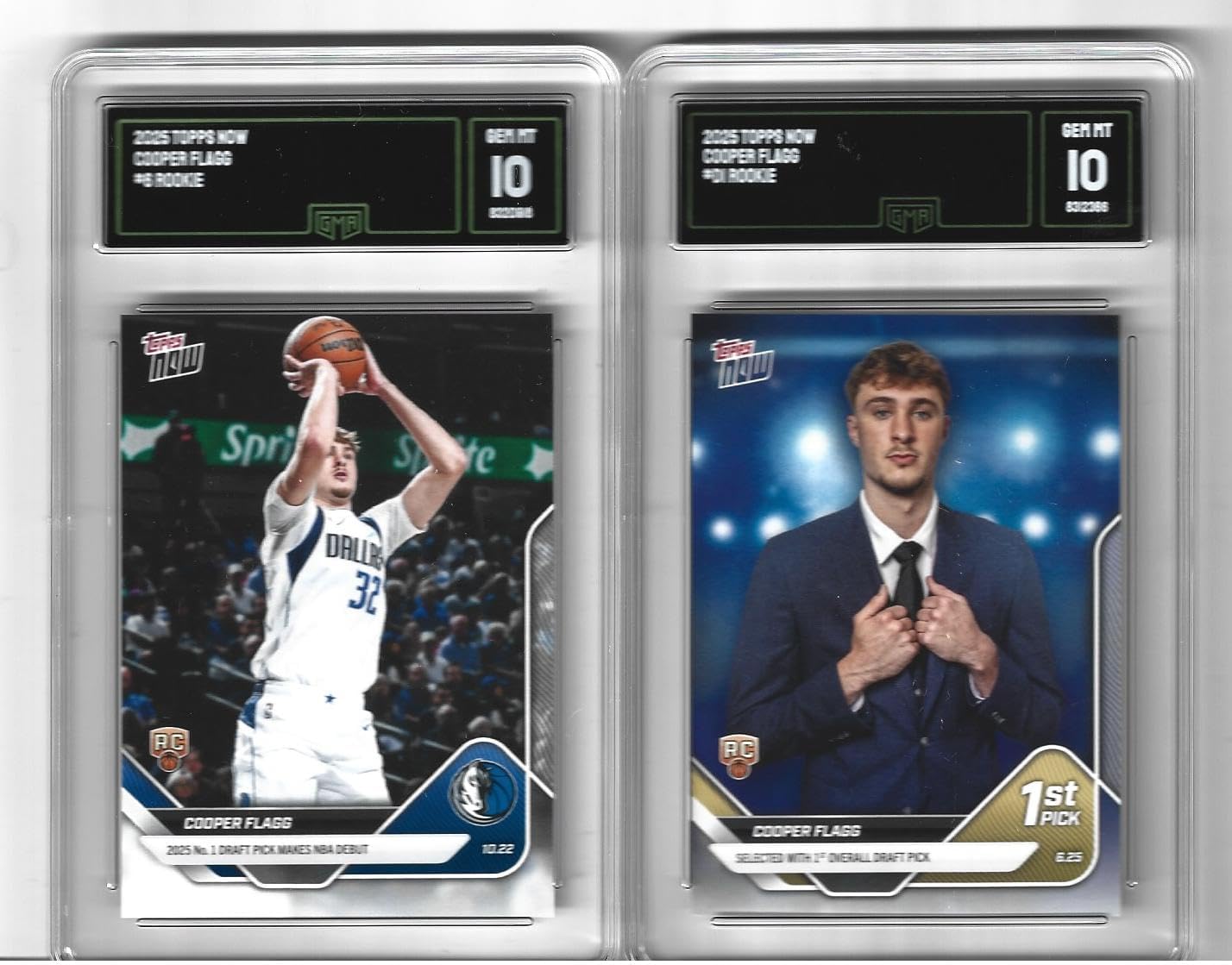 Graded Gem Mint 10 Cooper Flagg 2 Card Basketball Rookie Lot 2025 Debut and Draft Mavericks #1 Overall Draft Pick ! You Will Receive Both Cards Shown