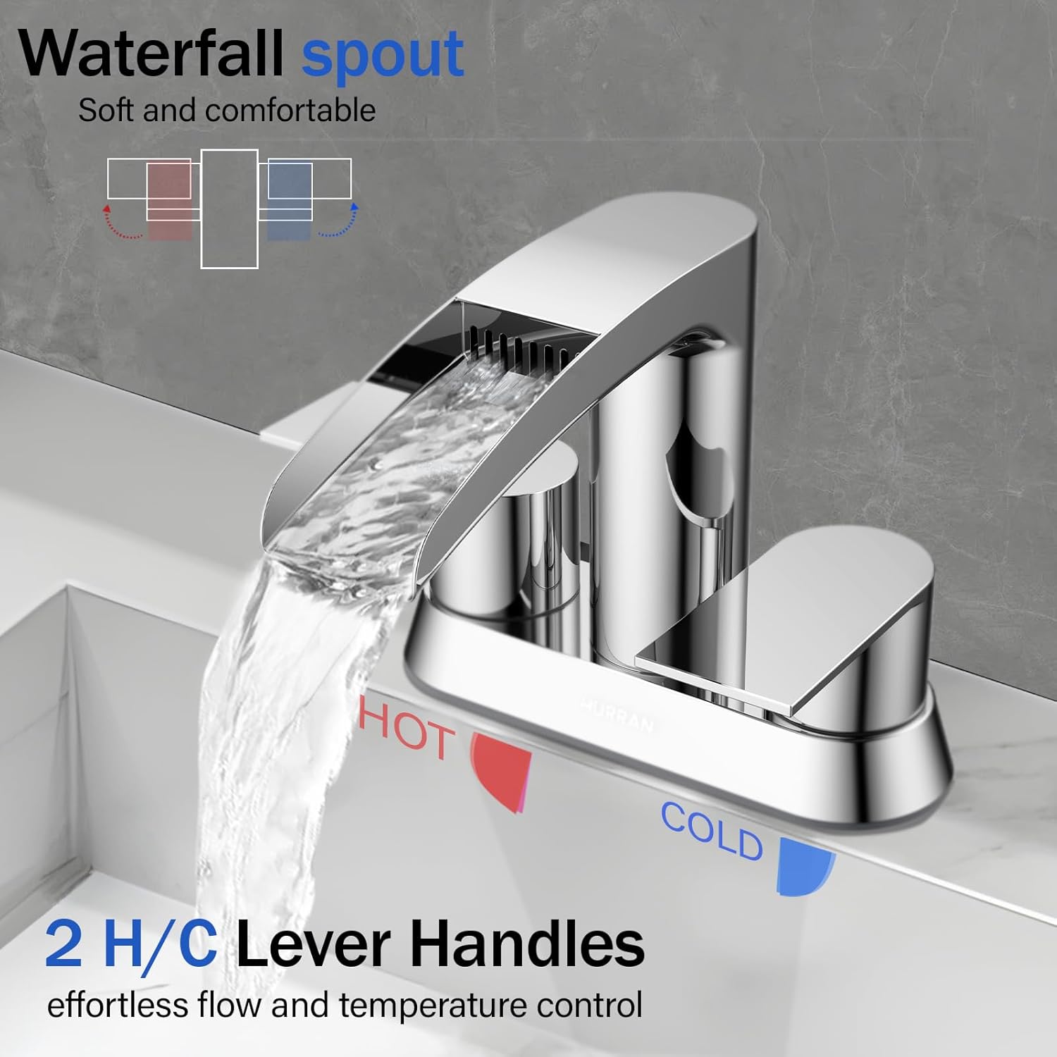 Bathroom Sink Faucet for 3 Hole, Hurran 4 Inch Bathroom Faucets with Pop-up Drain, Stainless Steel 2-Handle Waterfall Faucet for Bathroom Sink, Chrome