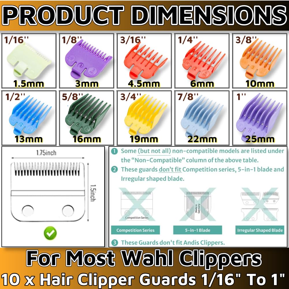 Professional Hair Clipper Guards For Wahl 10PCS，Guards For Clippers 1/16" To 1" Barber Guards Clippers Barber Accessories For Wahl Clipper Guards Set Wahl Premium Guards For Most Wahl Clippers
