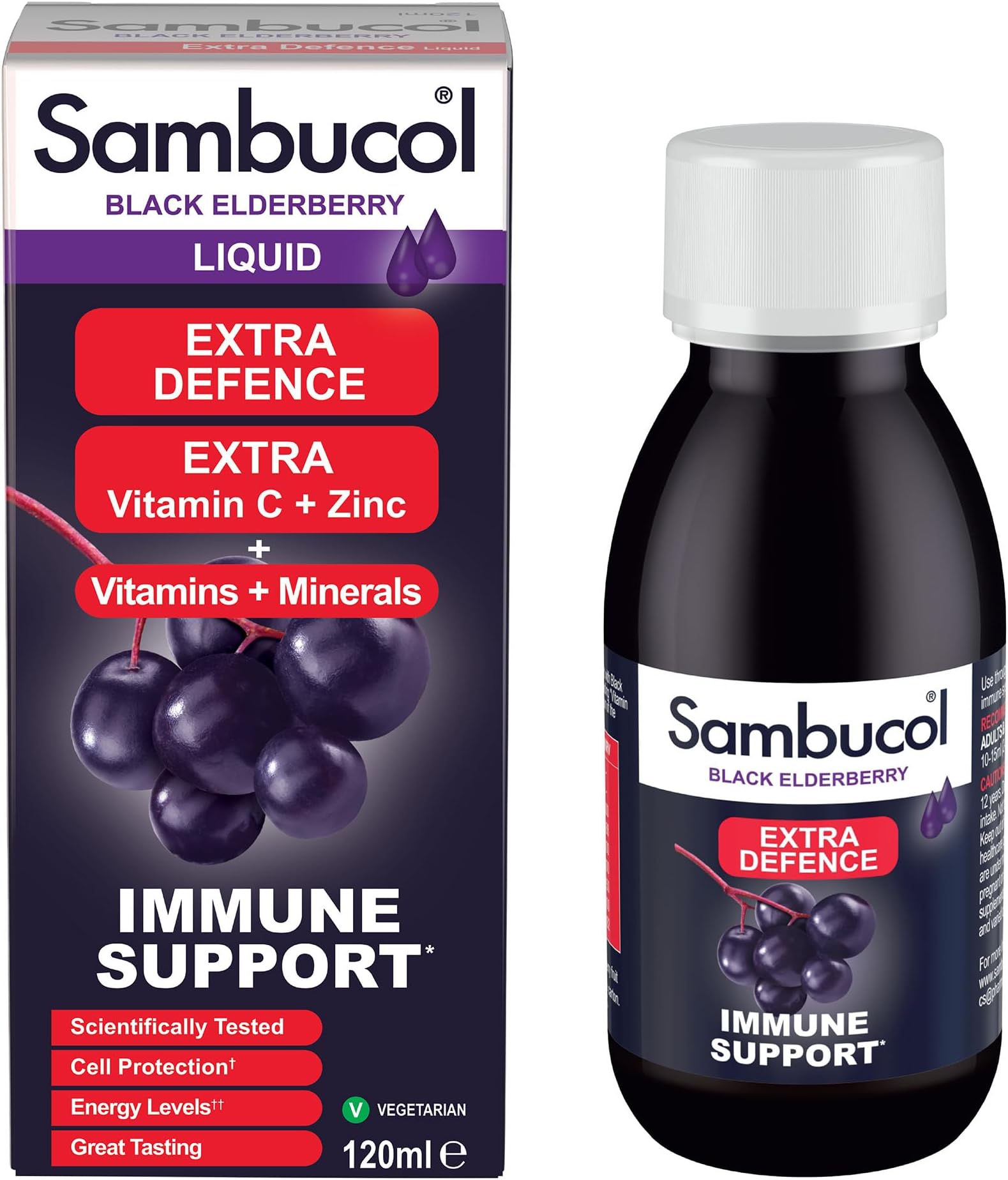 Sambucol Natural Black Elderberry Extra Defence Liquid | Vitamin C, B6 & D | Zinc | Folic Acid & Minerals |Advanced Immune Support Supplement | 120ml