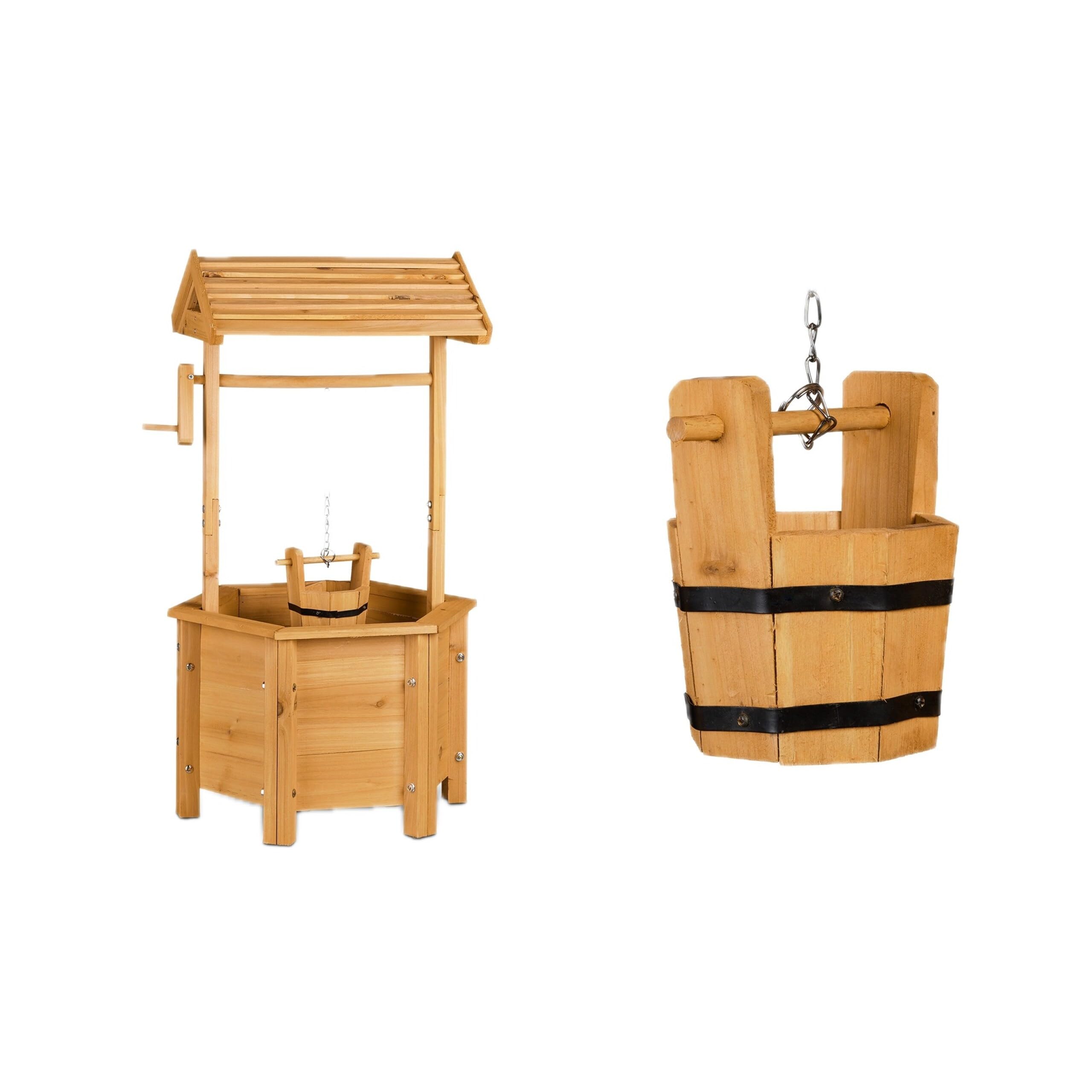 Relaxdays Dekobrunnen Garten Holz, Rolle, Eimer, HxBxT: 82 x 47 x 41 cm, Zierbrunnen, Gartendeko, Holzbrunnen, Natur