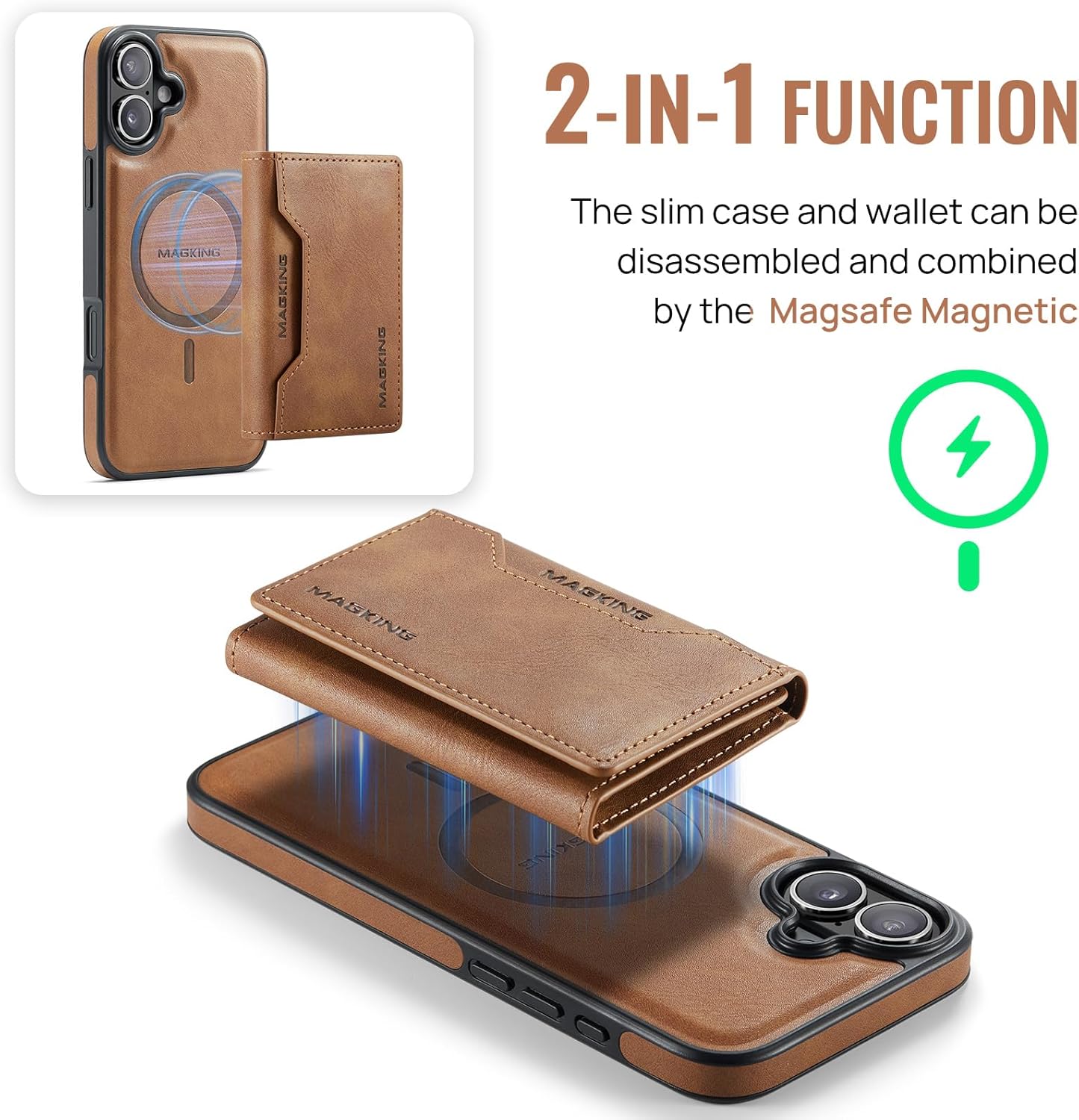 SZHAIYU K2 2 in 1 Detachable Magnetic Phone Cases Compatible with iPhone 16 Case with Card Holder RFID Blocking, Compatible with Magsafe Wallet, Leather 6.1'' (iPhone 16,Brown)