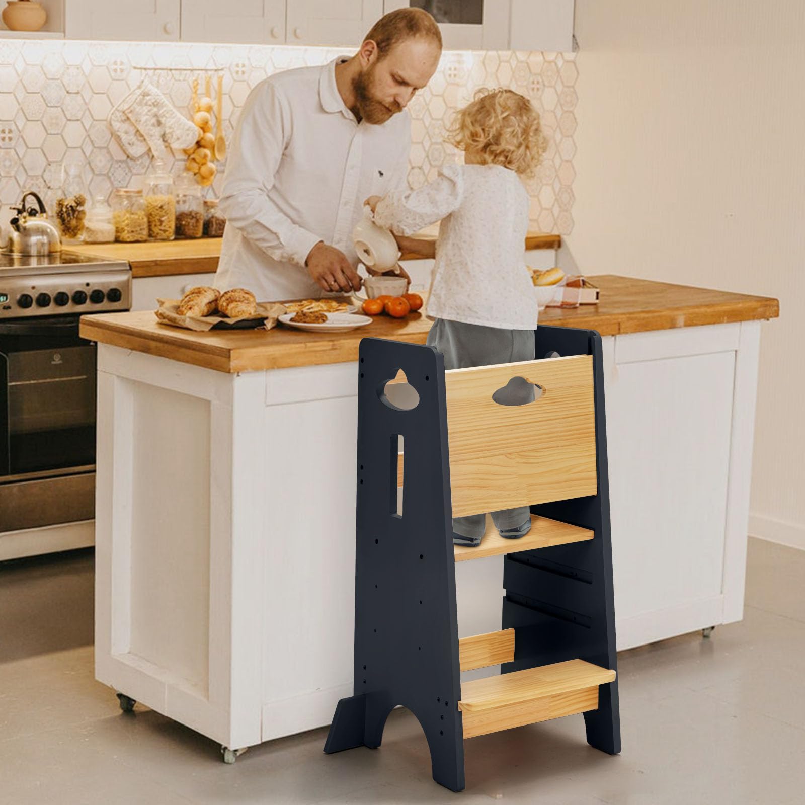 COSYLAND Toddler Standing Tower Adjustable Height - Super Stable Kids Kitchen Stool Helper - 3 Levels Adjustable Wooden Toddler Kitchen Stool (Natural & Dark Gray)