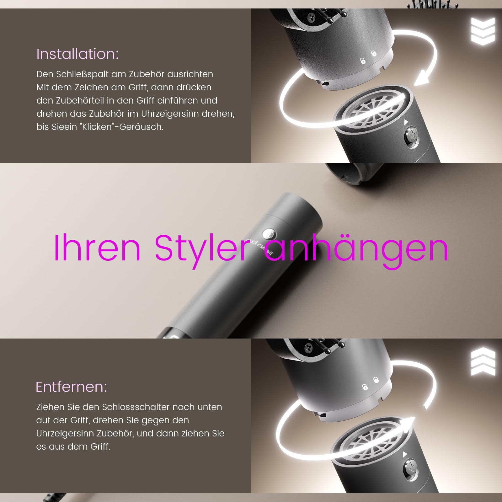 Hairstyler 6 In 1 Airstyler mit Rundbürstenföhn, 110.000 U/min, 1400W Airwrap für Locken, Volumen, Glätten, Trocknen, Grey