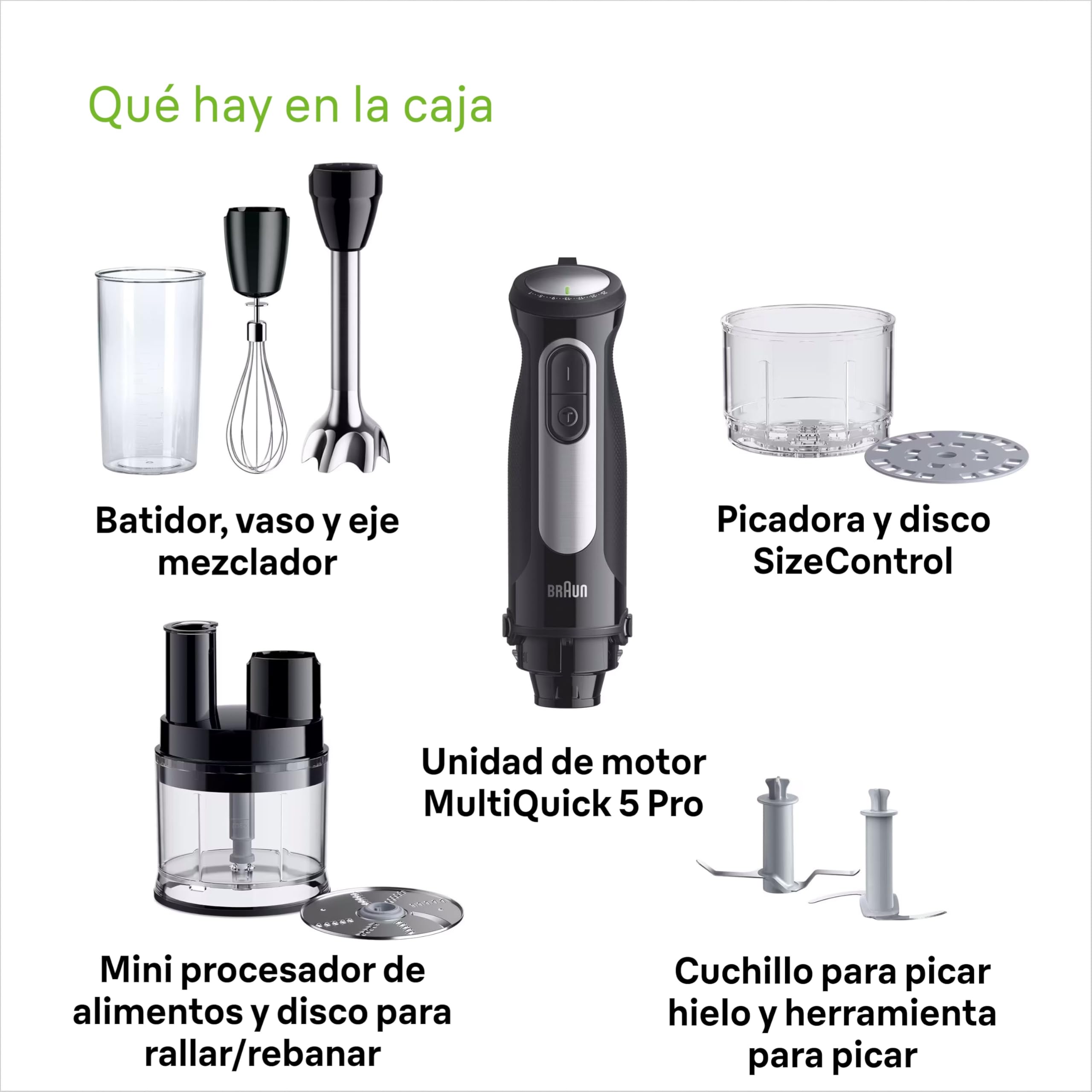 Braun Minipimer MultiQuick 5 Pro - Batidora de mano con mini procesador, picadora y varilla para sopas, batidos y papillas para bebé, 25 velocidades + Turbo, 1000W, negro (MQ55755M)