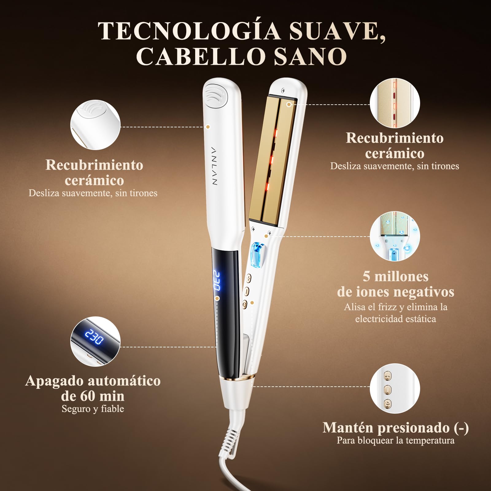 ANLAN Plancha de pelo iónica con luz roja, placas cerámicas flotantes 3D de 36 mm, Rápido 15s, 14 niveles, pantalla LCD, profesional e inteligente