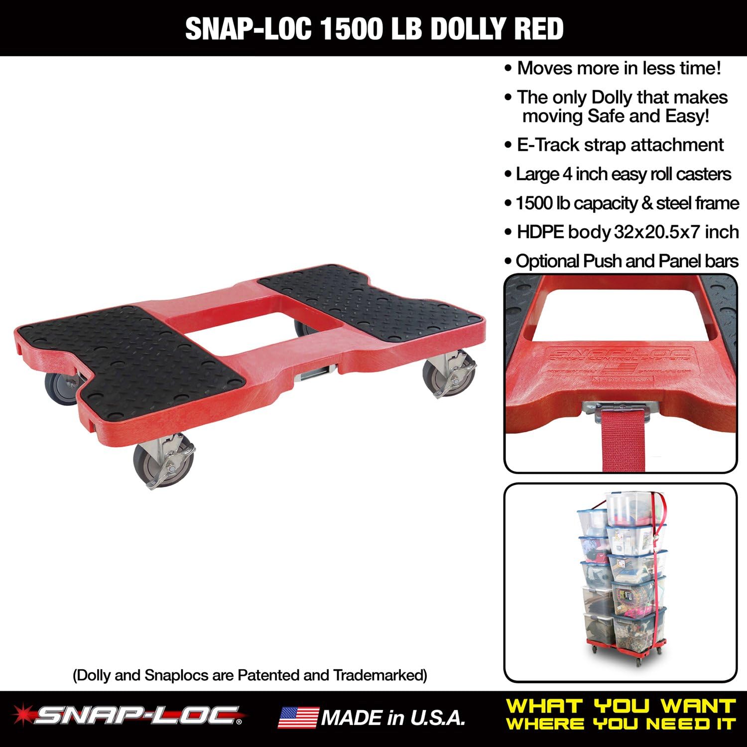 One-Day Sale: Up to 80% Off SNAP-LOC 1500 LB Dolly RED (USA!) with Steel Frame, 4 inch Casters and Optional E-Strap Attachment