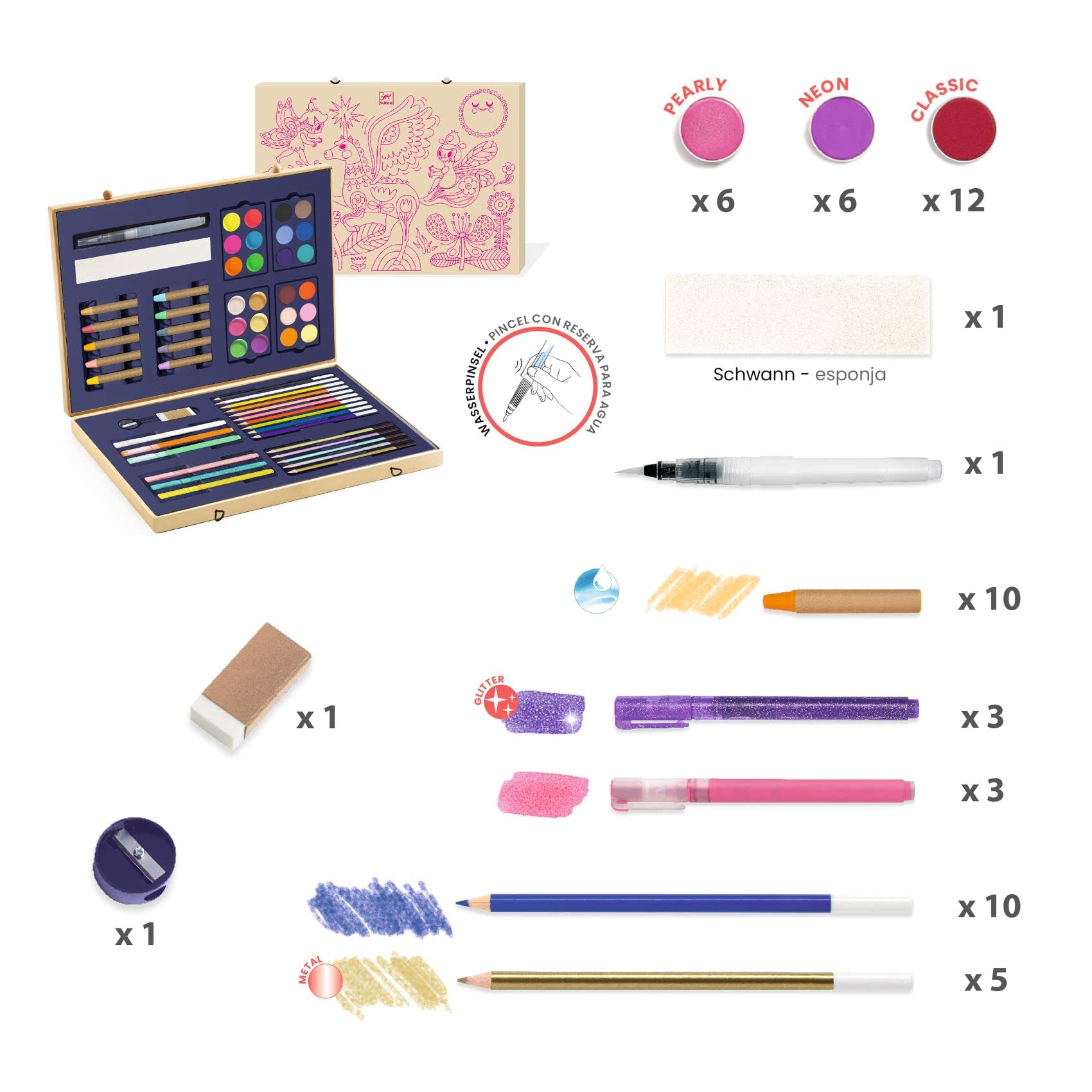 DJECO Coffret Les Couleurs des Grands - Dès 6 Ans - Kit Valise avec Peinture, Feutres, Crayons, Pastels, Stylos & Accessoires - Couleurs Scintillantes - Coloriage & Peinture - Qualité Made in France