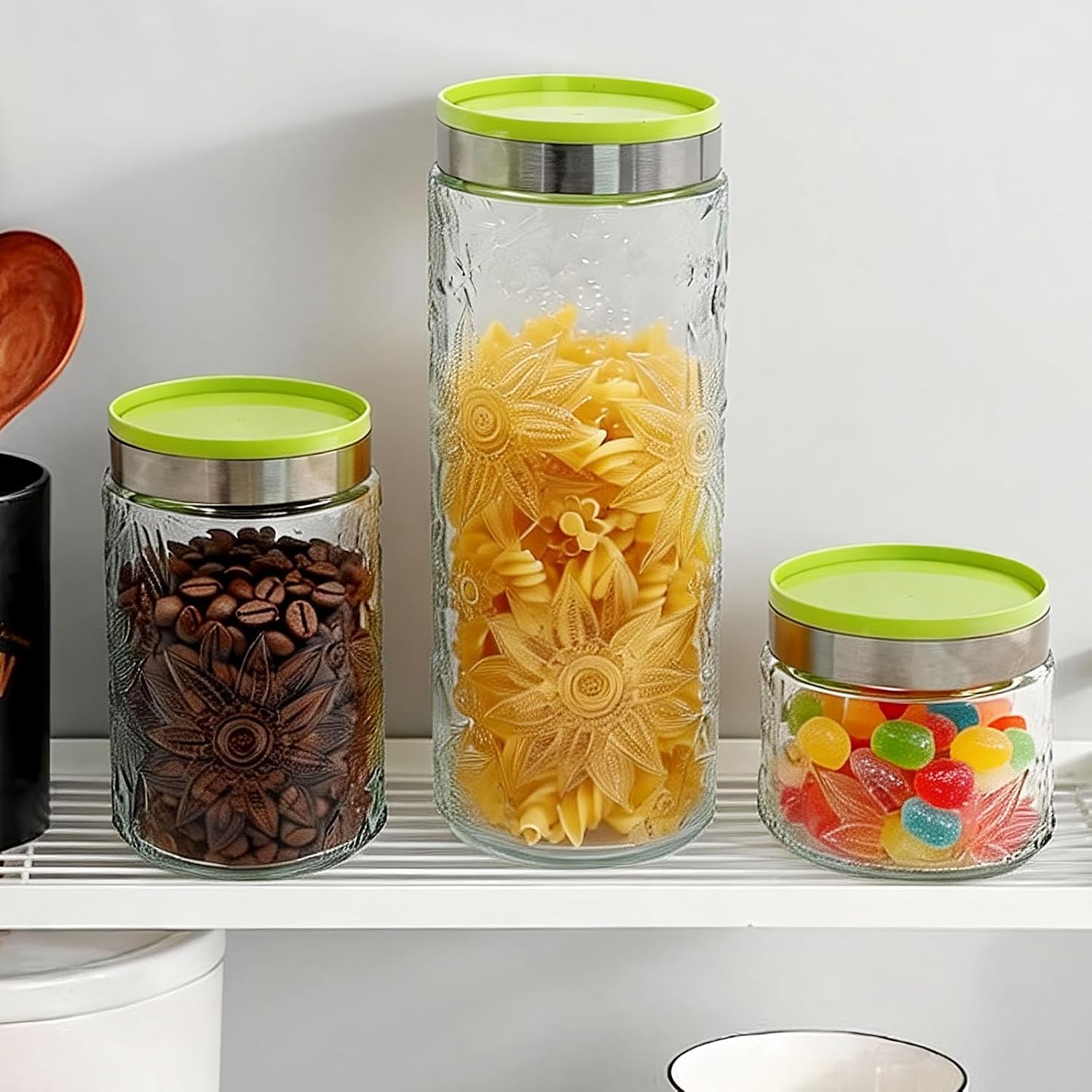 Daily Treasures Vintage Glass Tea Coffee and Sugar Canisters Set with Embossed Design & Screw-Top Lids, 3-Piece Stackable Kitchen Jars for Food Storage - Sugar, Flour Containers (14oz, 20oz, 37oz)