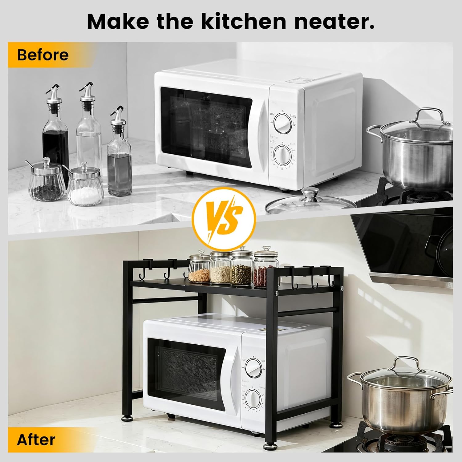 Extensible Microwave Oven Stand, Adjustable Metal Storage Shelf, Kitchen Countertop Organizer, Double-layer with 6 Hooks, Capable of Supporting up to 65 Pounds