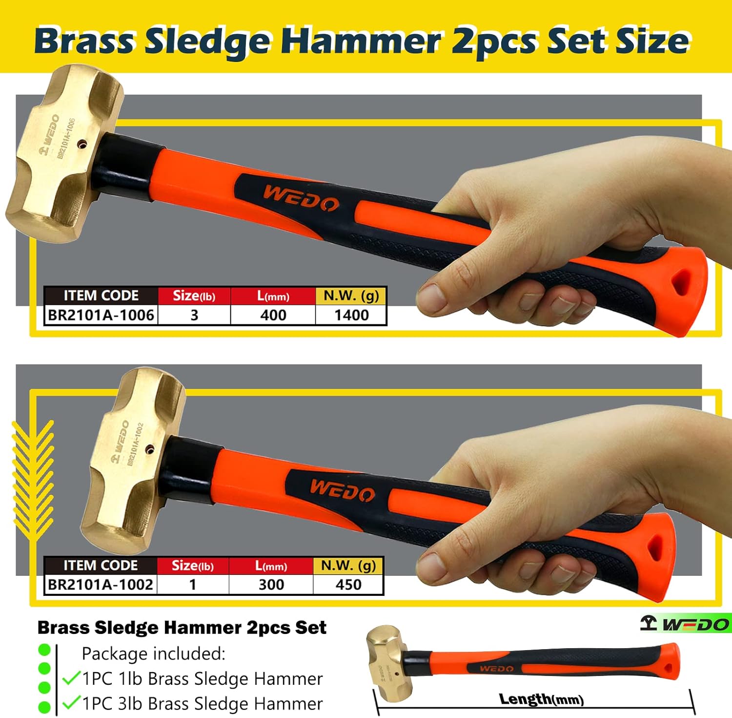 WEDO 2PCS Brass Sledge Hammer Set,1lb+3lb,Fiberglass Handle,Die-Forge,Corrosion Resistant, DIN Standard