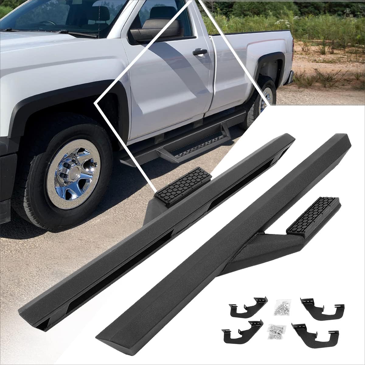 (2Pcs) 2.5 Inch L-Style Black Steel Nerf Bars Side Steps Compatible with 07-19 Chevy Silverado/GMC Sierra Standard Cab