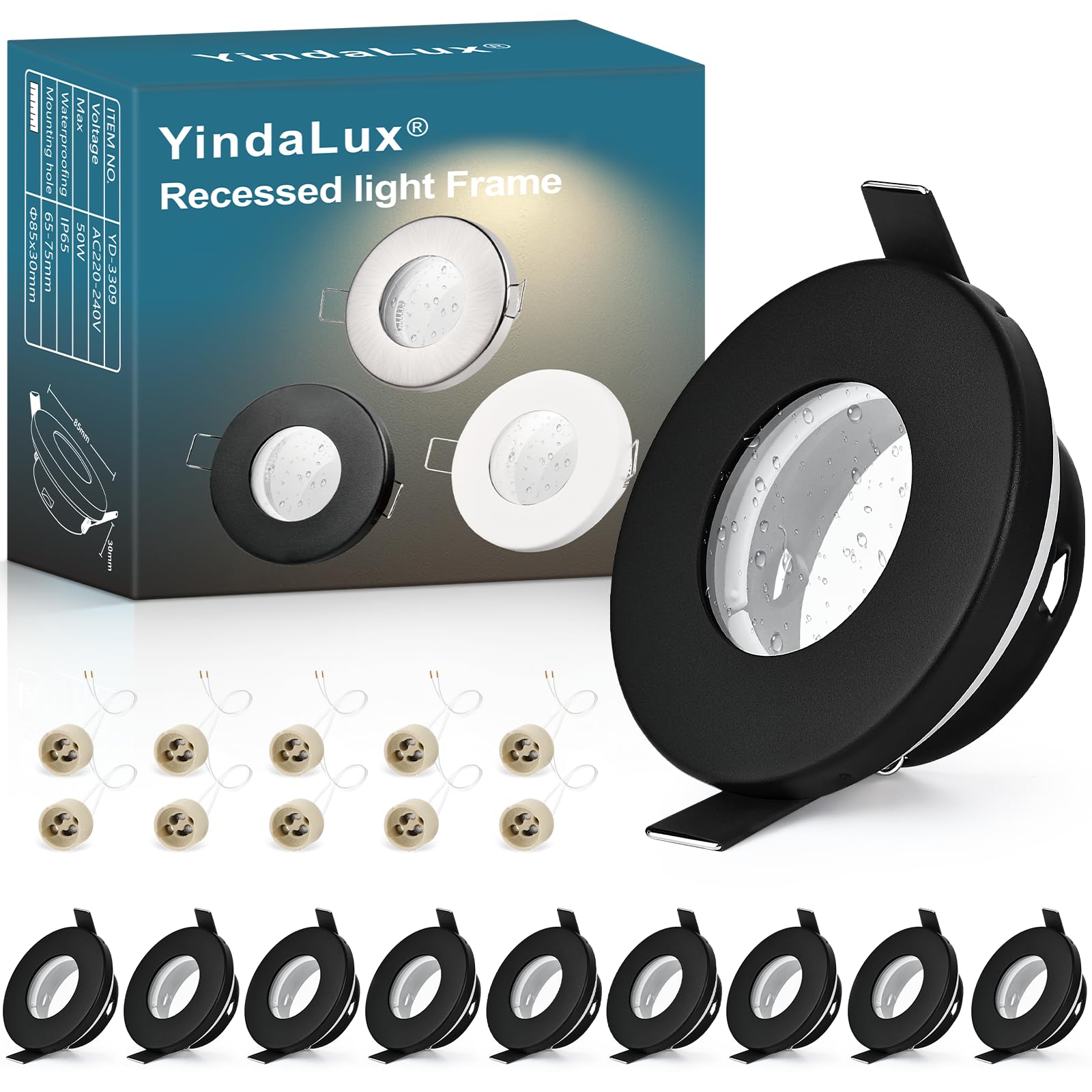 YindaLux 10 Pack GU10 Recessed Spotlight Frame IP65 Black, 30° Adjustable Iron Downlight Bezel 230V with GU10 Holder, Ø85mm, Cut Out 65-75mm Round Ceiling Spot, Bulb Not Included